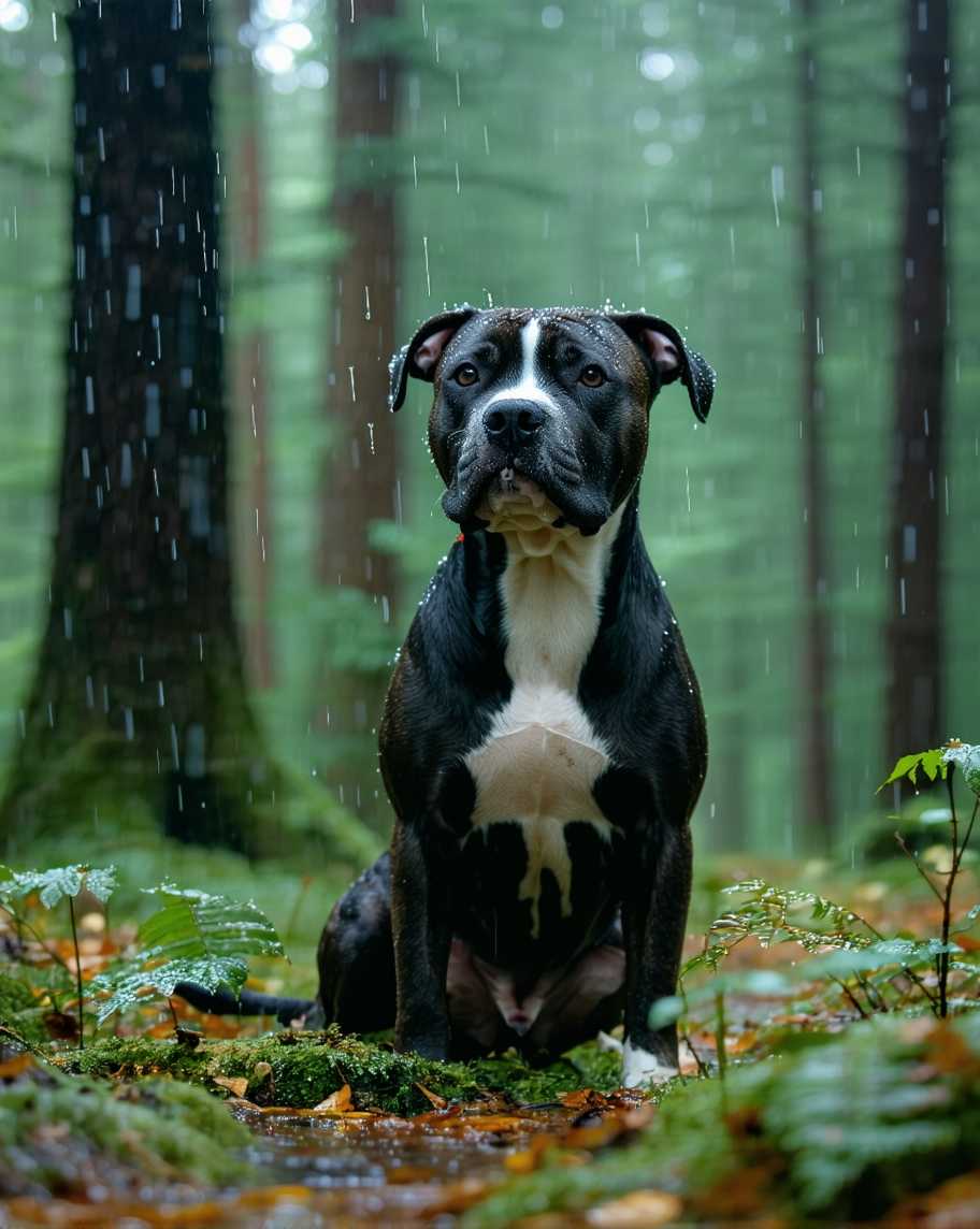 stafford shire pit bull black and white with white spot on head in fantasy rainy forest