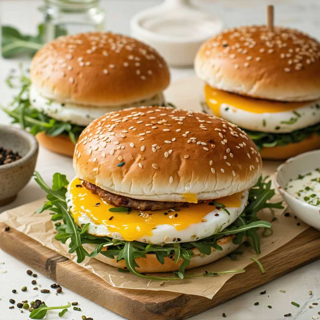 Create an image featuring a egg white burger buns recipe dish. The image should showcase the main dish, cooked to perfection, and garnished with fresh herbs or complementary ingredients. Include simple and classic sides that enhance the main dish. The overall scene should be bright, warm, and inviting, highlighting the appeal and simplicity of egg white burger buns recipe. Add the title egg white burger buns recipe in bold text at the center, and include simplytastyrecipe.com in a clean, subtle footer at the bottom.