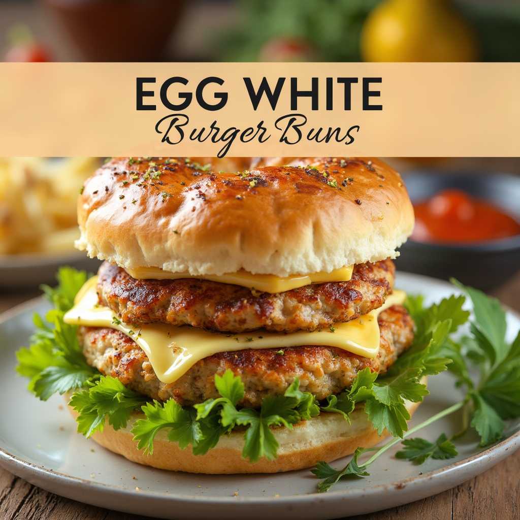 Create an image featuring a egg white burger buns recipe dish. The image should showcase the main dish, cooked to perfection, and garnished with fresh herbs or complementary ingredients. Include simple and classic sides that enhance the main dish. The overall scene should be bright, warm, and inviting, highlighting the appeal and simplicity of egg white burger buns recipe. Add the title egg white burger buns recipe in bold text at the center, and include simplytastyrecipe.com in a clean, subtle footer at the bottom.