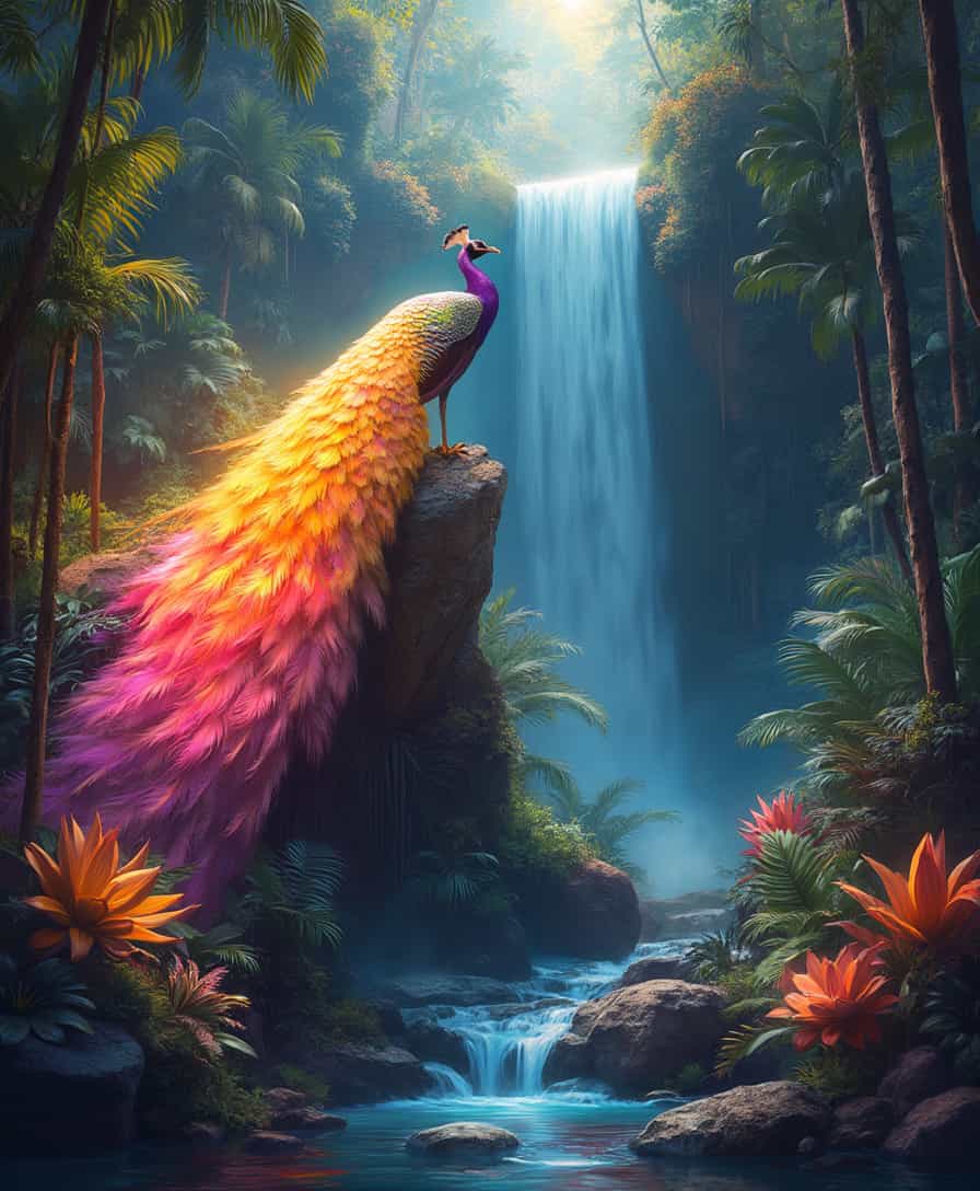 Vivid Peacock Perched on Rock Amidst Tropical Waterfall and Flora