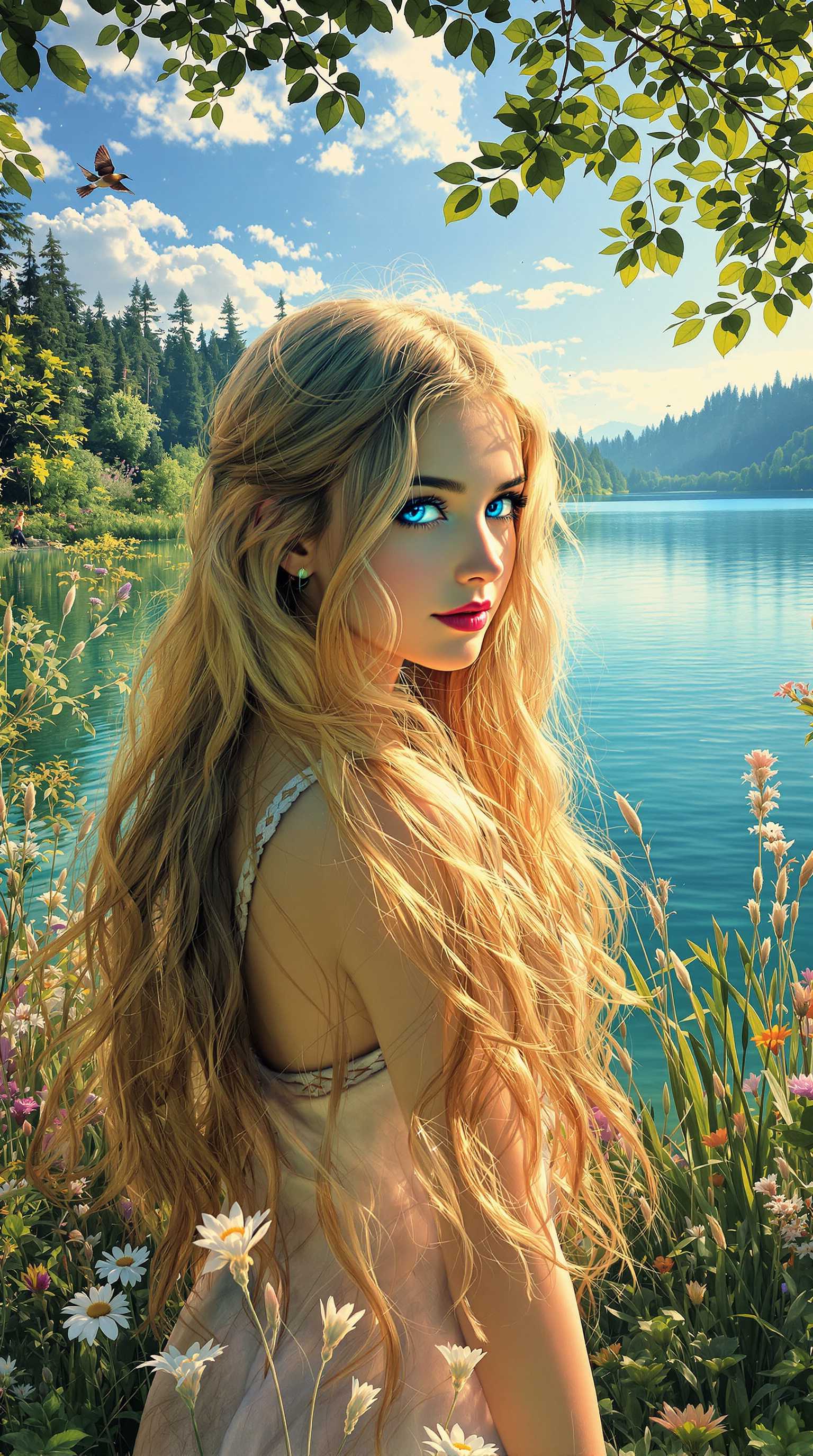 A serene figure stands at the edge of a tranquil lake, her eyes a luminous cerulean, sparkling like sunlit sapphires. Cascading down her shoulders, her hair flows like a shimmering waterfall of gold, catching the soft, ethereal light of the early morning sun, which bathes the scene in a warm, golden hue. Surrounding her, the gentle whispers of tall grasses sway in the cool breeze, their verdant greens contrasting beautifully with the vivid colors of her hair and the azure sky above.

The lake reflects the vibrant blues and golds, creating a mirror-like surface that dances with the ripples of the wind, while delicate wildflowers peek through the lush foliage, adding splashes of color to the verdant landscape. The atmosphere is infused with a tranquil stillness, punctuated only by the distant chirping of birds and the soft rustle of leaves, drawing the viewer’s gaze to the girl, who stands confidently yet gracefully, embodying the harmony of nature. 