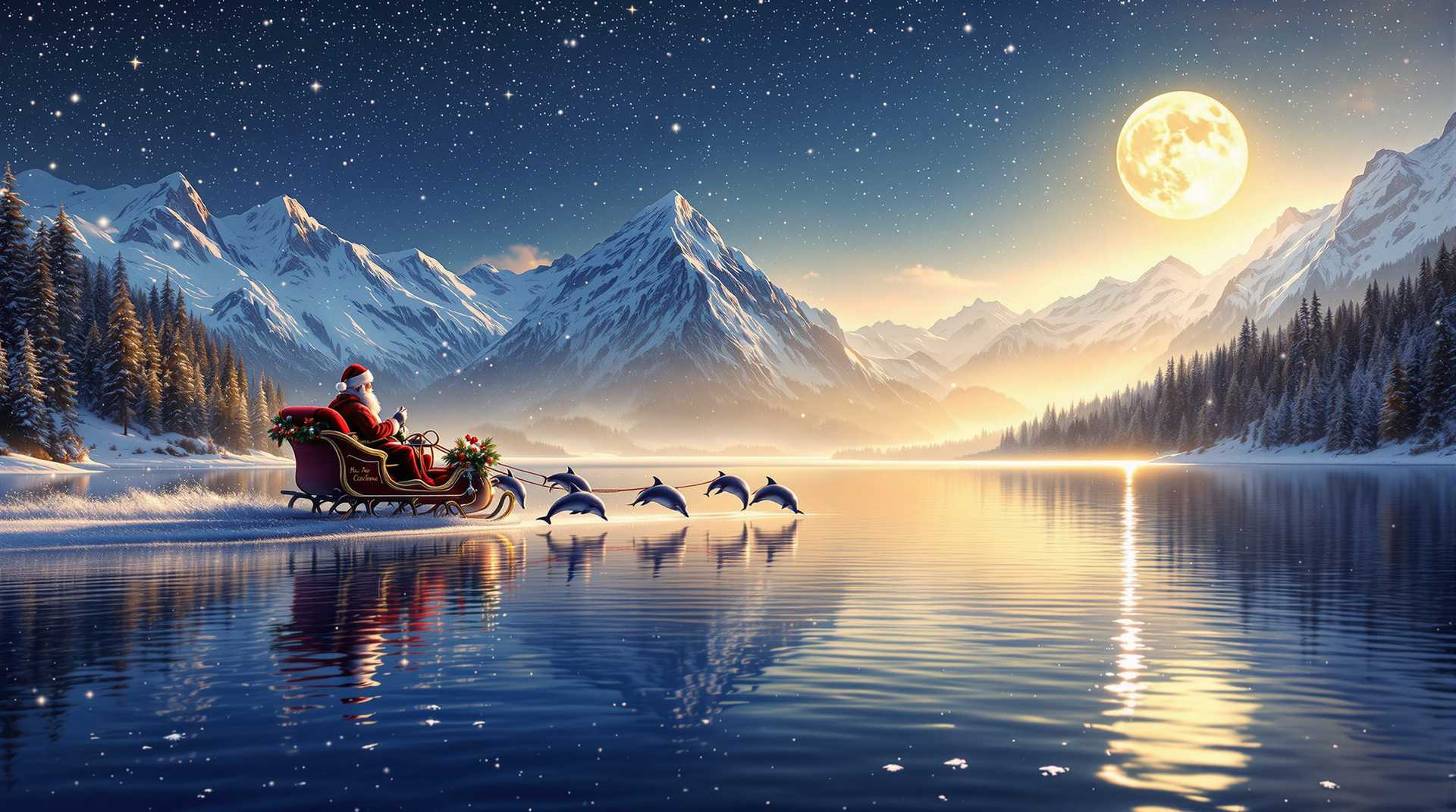 Imagine a breathtaking scene: a wide shot of a large, calm lake, framed by snow-capped mountains in the background. It's late evening, and a light snowfall adds a touch of magic to the air. The full moon casts a silvery glow on the landscape, and a few stars adorn the night sky. From the corner on the right, a shimmering trail of light gracefully trails down over the mountains to the surface of the lake. At this moment, Father Christmas is travelling in his sleigh, pulled by six (3x2) spirited dolphins. In the side view at the height of the sleigh, the camera sees the leaping dolphins wearing Christmas hats. The sleigh moves gently from right to left, the movement emphasised by the moonlight reflecting on the lake. The entire scene exudes a sense of wonder and enchantment, perfectly capturing the magic of the moment.