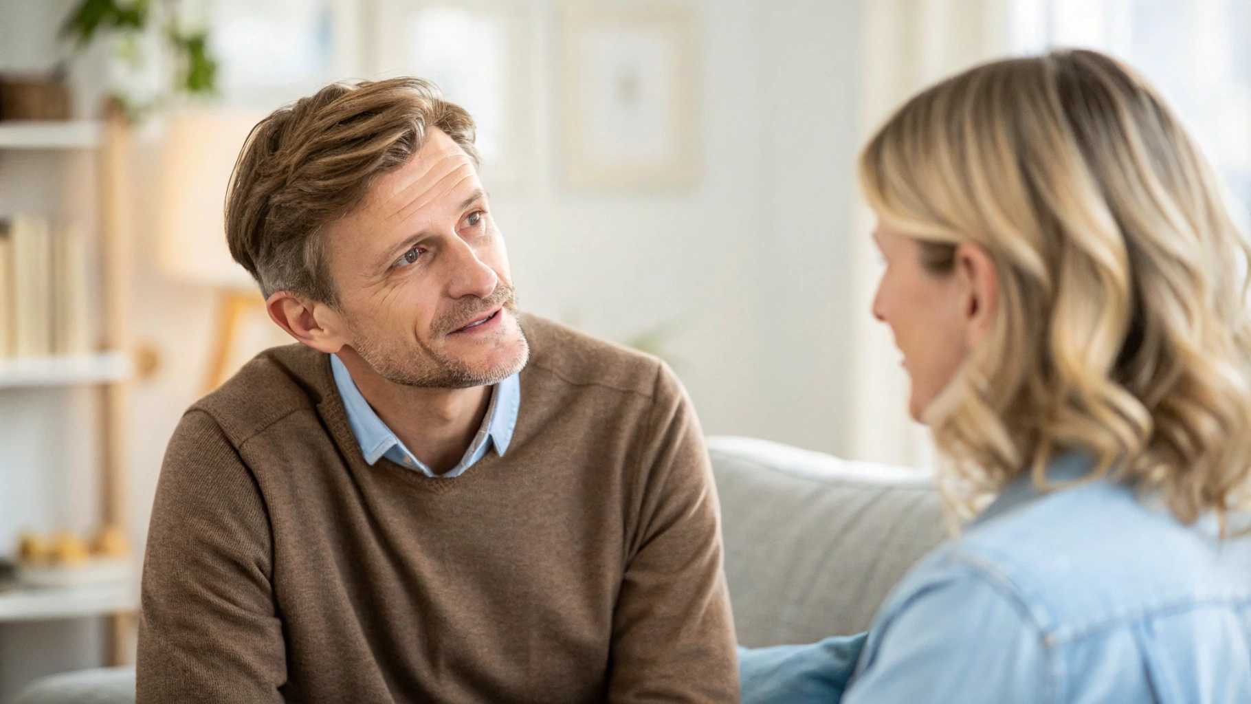 headshot of this 37 year old man sitting and talking with a 35 year old lady in front of him
