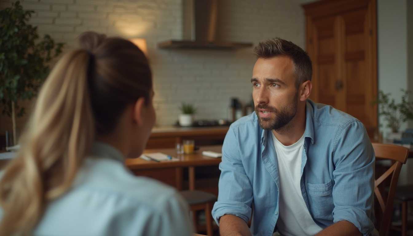headshot of this 37 year old man sitting and talking with a 35 year old lady in front of him
