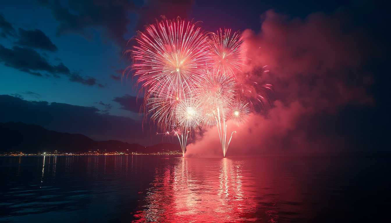 Midnight fireworks exploding over a calm ocean, vibrant reflections in the water, magical atmosphere