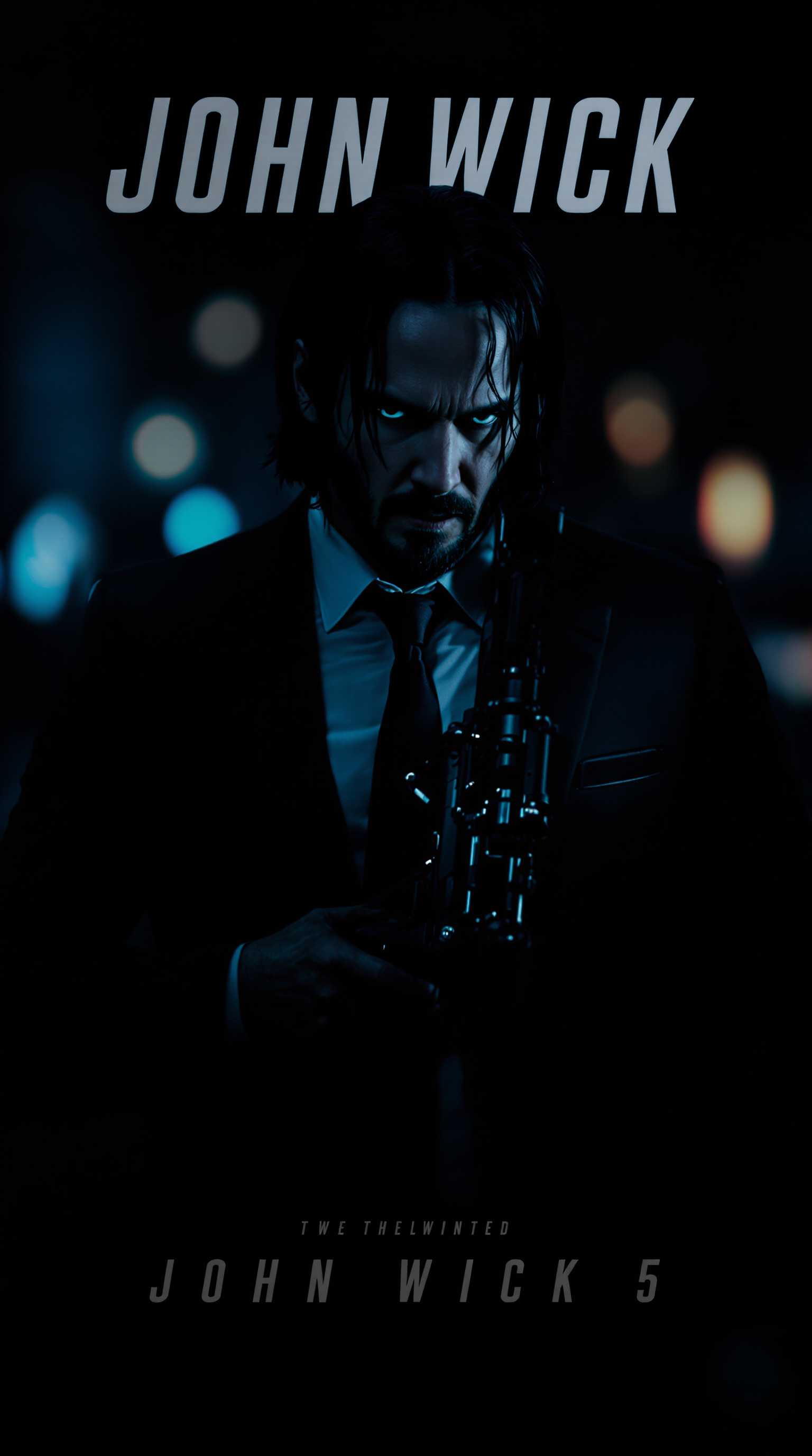 Movie Cover of John Wick with a AK-47, titled with "John Wick 5", dark scene, night shot, cinematic, bokeh, film grain