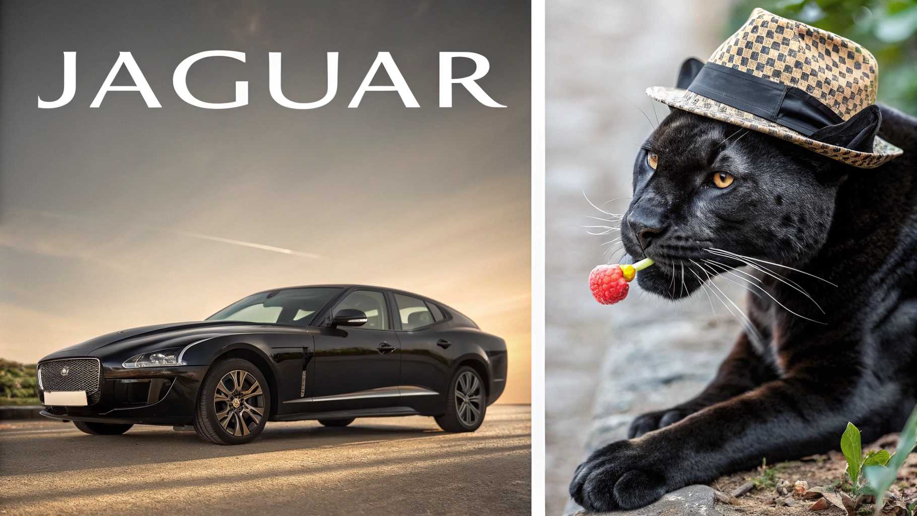 A captivating split-image composition featuring two contrasting representations of a jaguar. On the left side, a striking black jaguar exudes elegance and power, its fur shimmering under soft, diffused light, highlighting its sleek body and intense gaze. Above this majestic creature, the "JAGUAR" car logo is prominently displayed in a bold, assertive typeface, enhancing the luxurious feel. 

In stark contrast, the right side depicts an overweight jaguar lounging on the ground, adorned with a comical, derpy expression that evokes a sense of whimsy. This side is illustrated in brighter, more playful colors, giving it a lighter atmosphere. Above this humorous portrait, the word "JAGUAR" is written in sad bubble letters, adding a dash of irony and playfulness. 

The scene is set against a simple, gradient background that transitions from deep black on the left to a lighter hue on the right, emphasizing the juxtaposition. The overall mood combines a blend of elegance and humor, inviting viewers to reflect on the contrasts of beauty and folly.