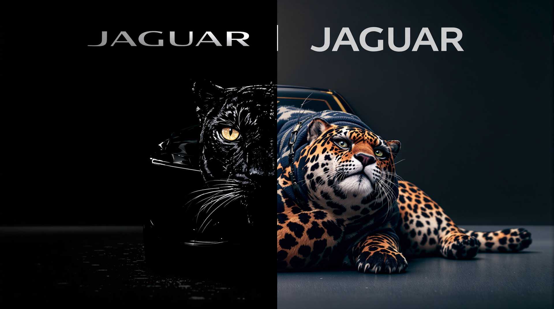 A captivating split-image composition featuring two contrasting representations of a jaguar. On the left side, a striking black jaguar exudes elegance and power, its fur shimmering under soft, diffused light, highlighting its sleek body and intense gaze. Above this majestic creature, the "JAGUAR" car logo is prominently displayed in a bold, assertive typeface, enhancing the luxurious feel. 

In stark contrast, the right side depicts an overweight jaguar lounging on the ground, adorned with a comical, derpy expression that evokes a sense of whimsy. This side is illustrated in brighter, more playful colors, giving it a lighter atmosphere. Above this humorous portrait, the word "JAGUAR" is written in sad bubble letters, adding a dash of irony and playfulness. 

The scene is set against a simple, gradient background that transitions from deep black on the left to a lighter hue on the right, emphasizing the juxtaposition. The overall mood combines a blend of elegance and humor, inviting viewers to reflect on the contrasts of beauty and folly.