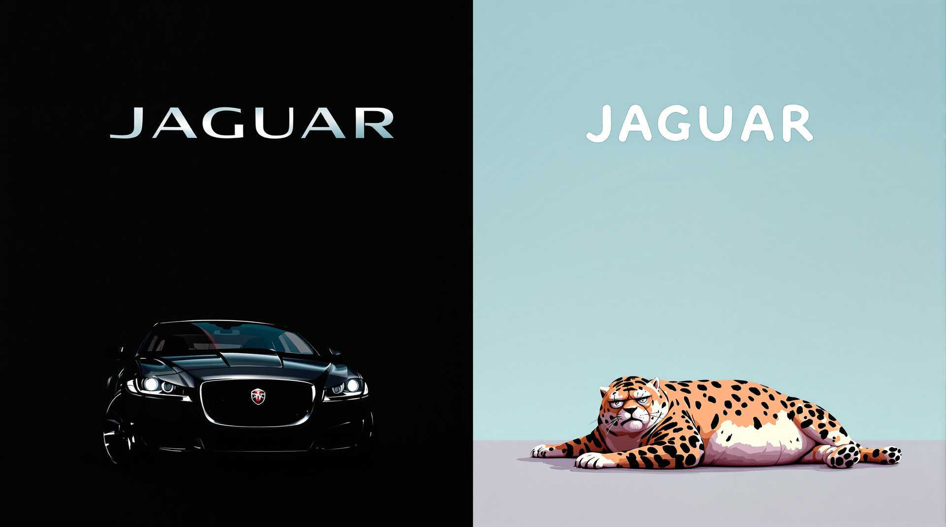 A captivating split-image composition featuring two contrasting representations of a jaguar. On the left side, a striking black jaguar exudes elegance and power, its fur shimmering under soft, diffused light, highlighting its sleek body and intense gaze. Above this majestic creature, the "JAGUAR" car logo is prominently displayed in a bold, assertive typeface, enhancing the luxurious feel. 

In stark contrast, the right side depicts an overweight jaguar lounging on the ground, adorned with a comical, derpy expression that evokes a sense of whimsy. This side is illustrated in brighter, more playful colors, giving it a lighter atmosphere. Above this humorous portrait, the word "JAGUAR" is written in sad bubble letters, adding a dash of irony and playfulness. 

The scene is set against a simple, gradient background that transitions from deep black on the left to a lighter hue on the right, emphasizing the juxtaposition. The overall mood combines a blend of elegance and humor, inviting viewers to reflect on the contrasts of beauty and folly.