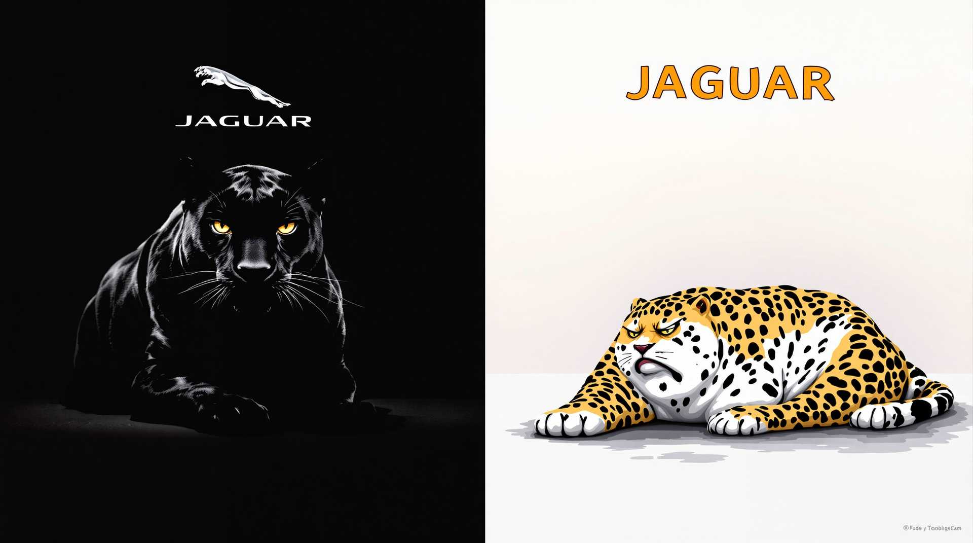 A captivating split-image composition featuring two contrasting representations of a jaguar. On the left side, a striking black jaguar exudes elegance and power, its fur shimmering under soft, diffused light, highlighting its sleek body and intense gaze. Above this majestic creature, the "JAGUAR" car logo is prominently displayed in a bold, assertive typeface, enhancing the luxurious feel. 

In stark contrast, the right side depicts an overweight jaguar lounging on the ground, adorned with a comical, derpy expression that evokes a sense of whimsy. This side is illustrated in brighter, more playful colors, giving it a lighter atmosphere. Above this humorous portrait, the word "JAGUAR" is written in sad bubble letters, adding a dash of irony and playfulness. 

The scene is set against a simple, gradient background that transitions from deep black on the left to a lighter hue on the right, emphasizing the juxtaposition. The overall mood combines a blend of elegance and humor, inviting viewers to reflect on the contrasts of beauty and folly.