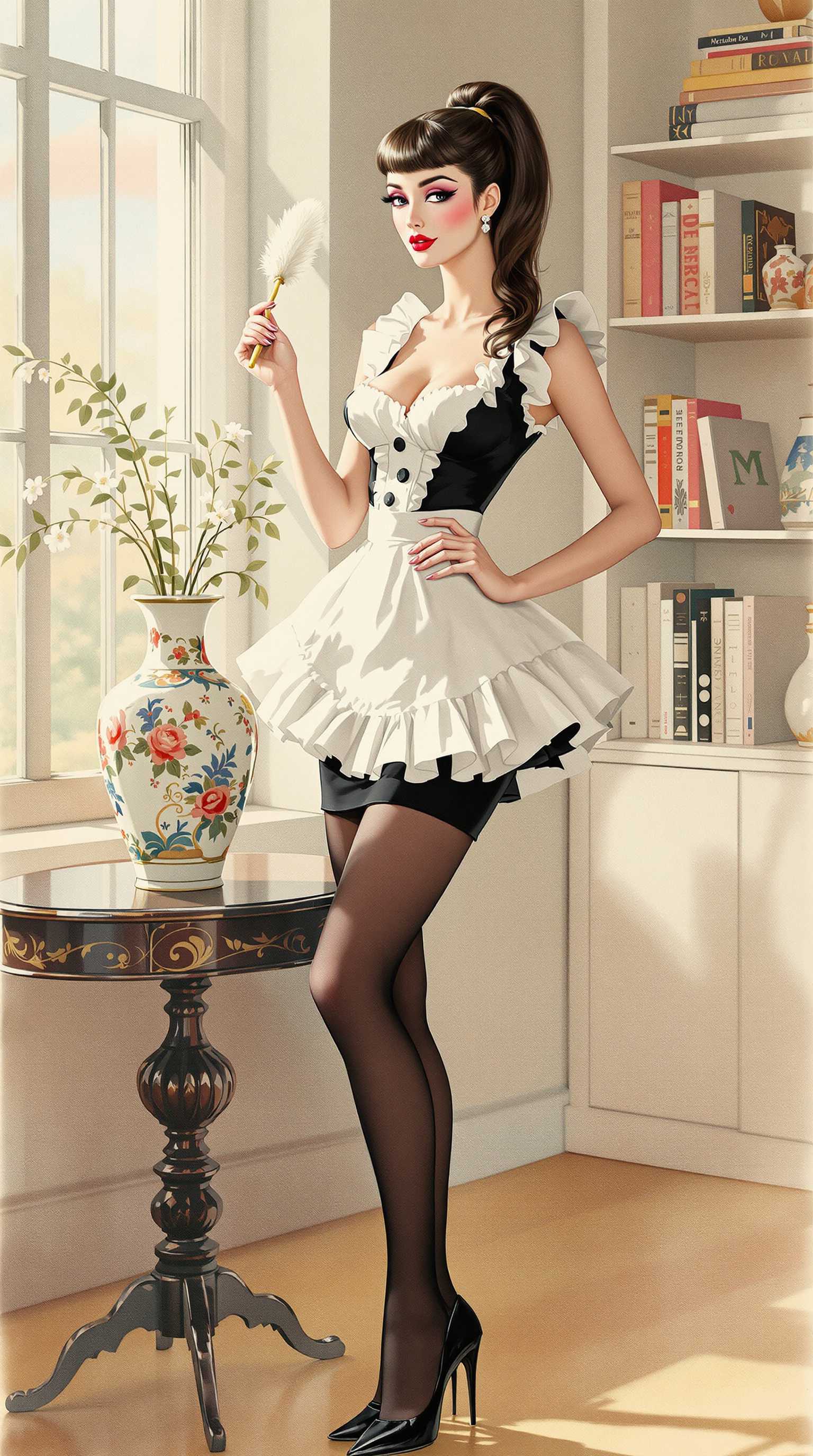 Watercolor postcard featuring an elegant woman with an hourglass figure and a narrow waist, showcasing her long dark hair pulled into a single ponytail. She has striking pink eyeshadow, bold black mascara, and rose lipstick that emphasize her delicate features. Dressed in a classic short French maid's dress complemented by a petticoat and a white frilly apron, she also wears black tights and stylish black high-heeled stiletto pumps. The woman is gracefully posed, holding a feather duster, standing next to a beautifully decorated Ming vase atop a dark wood table. In the background, there are tastefully organized bookshelves and a sash window, allowing soft, natural light to filter in, creating a warm and inviting atmosphere. The scene is depicted in the charming, glamorous style of Beauty Parade Magazine 1947, specifically emulating the artwork of Peter Driben, with soft pastel colors and whimsical details characteristic of mid-century illustrations.