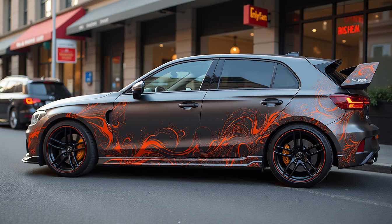 Stylish Black Car with Orange Flames Design on the Road