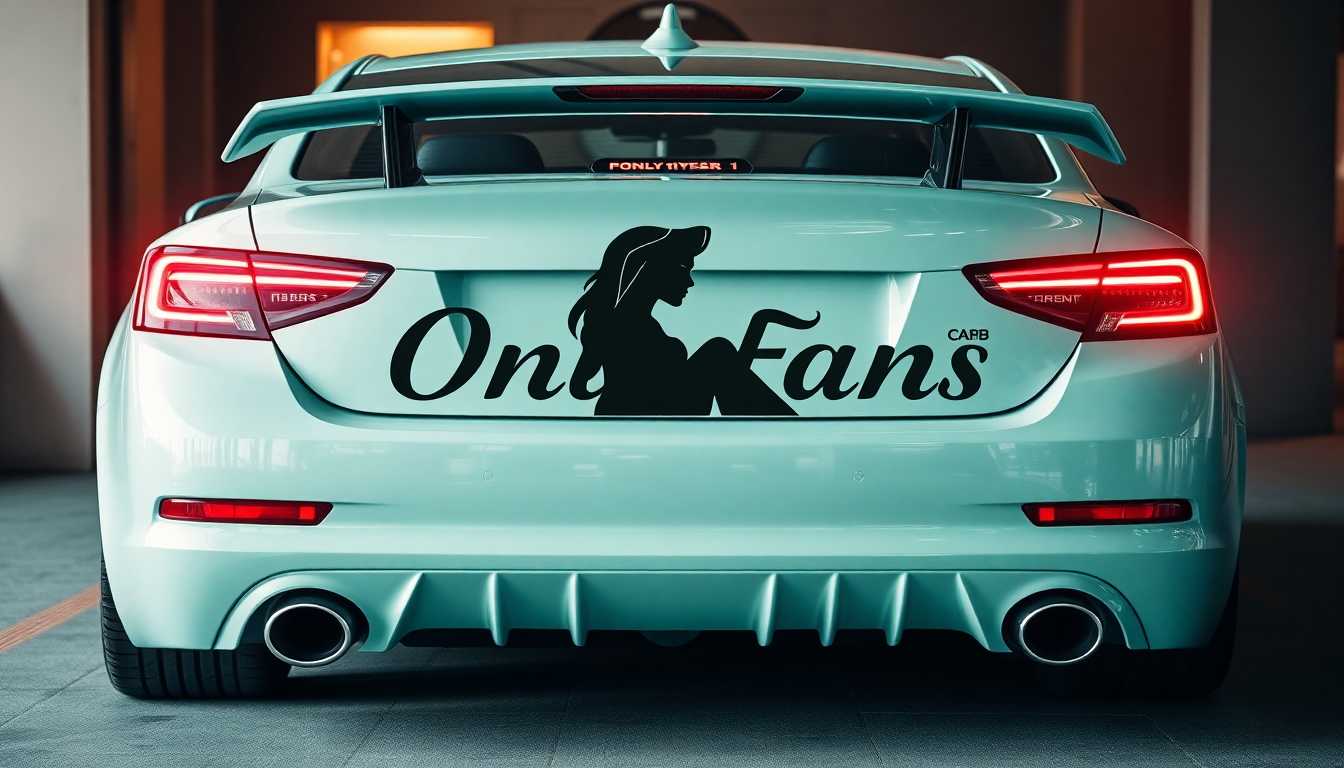 Teal Car with Black Silhouette of Woman on Back, Custom License Plate, and Red Tail Lights