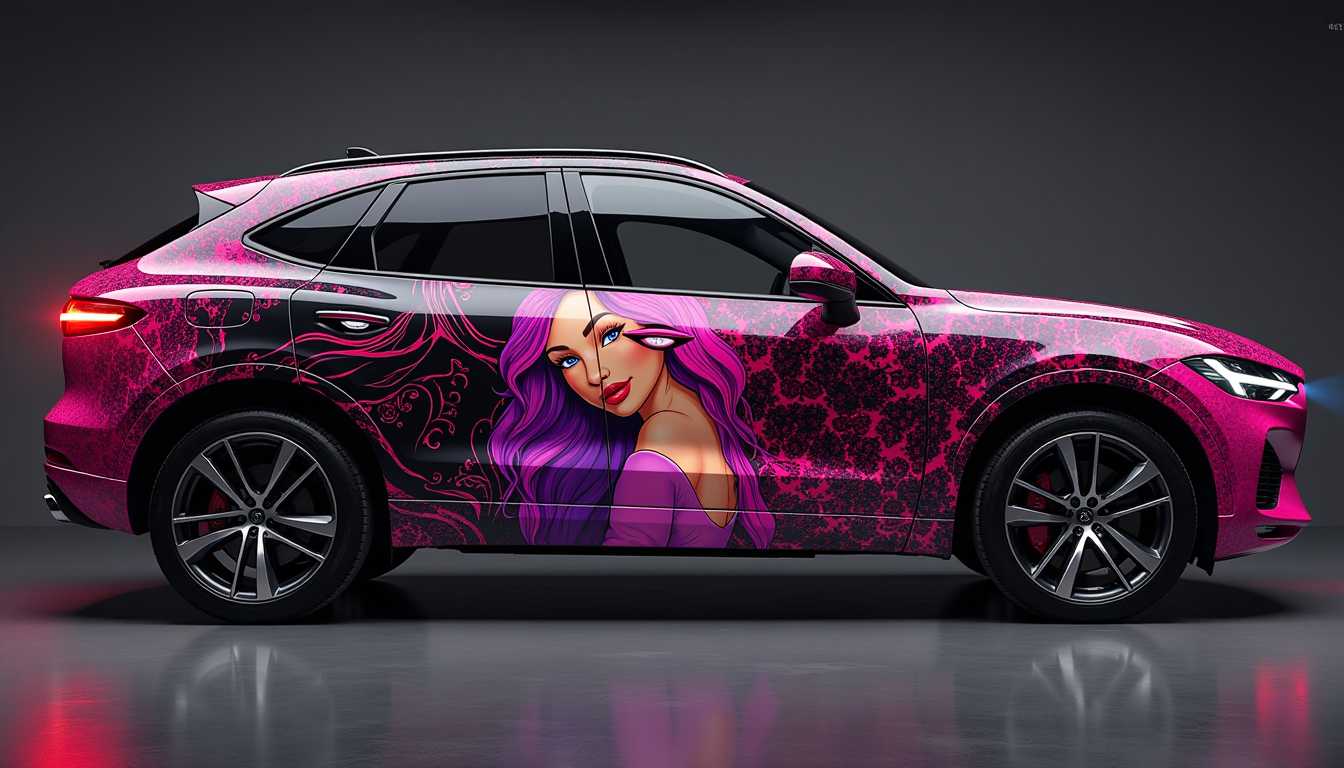 A vibrant and artistic car decal design featuring a stylized depiction of a confident OnlyFans woman. The figure is elegantly posed, exuding empowerment and allure, with flowing hair and fashionable attire. The color palette incorporates bold pinks, purples, and hints of metallic gold to enhance the glamorous vibe. The design is set against a sleek black background to create contrast and draw attention. The composition should balance the figure centrally, with intricate patterns and textures in the background that suggest movement and modernity, evoking a fun and edgy atmosphere. The overall design reflects contemporary pop culture and embodies a sense of sophistication and creativity fitting for an upscale vehicle.