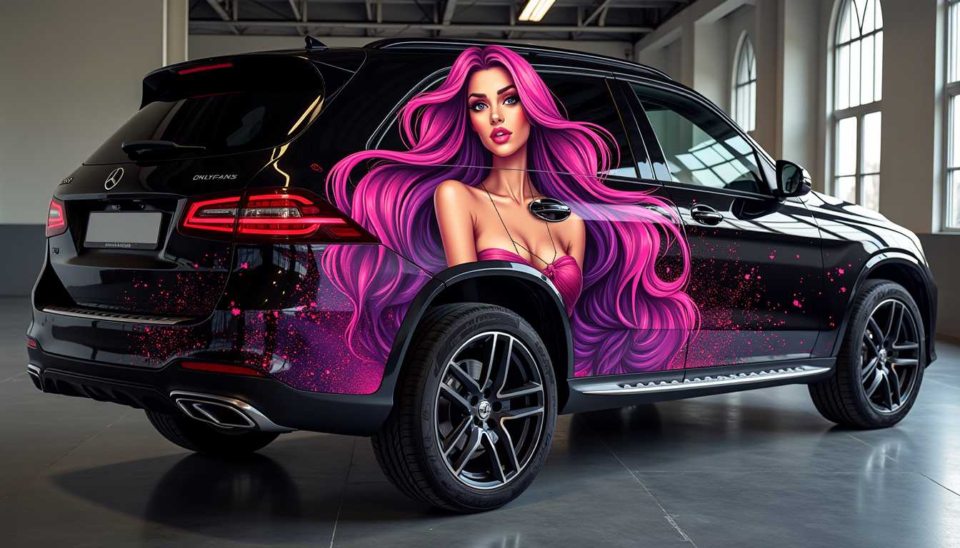 A vibrant and artistic car decal design featuring a stylized depiction of a confident OnlyFans woman. The figure is elegantly posed, exuding empowerment and allure, with flowing hair and fashionable attire. The color palette incorporates bold pinks, purples, and hints of metallic gold to enhance the glamorous vibe. The design is set against a sleek black background to create contrast and draw attention. The composition should balance the figure centrally, with intricate patterns and textures in the background that suggest movement and modernity, evoking a fun and edgy atmosphere. The overall design reflects contemporary pop culture and embodies a sense of sophistication and creativity fitting for an upscale vehicle.