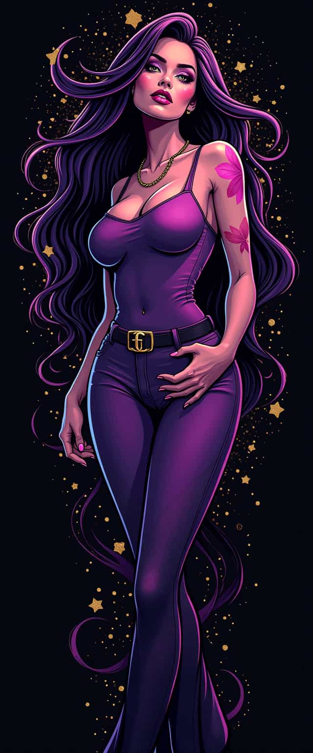 A vibrant and artistic car decal design featuring a stylized depiction of a confident OnlyFans woman. The figure is elegantly posed, exuding empowerment and allure, with flowing hair and fashionable attire. The color palette incorporates bold, purples, and hints of metallic gold to enhance the glamorous vibe. The design is set against a sleek black background to create contrast and draw attention. The composition should balance the figure centrally, with intricate patterns and textures in the background that suggest movement and modernity, evoking a fun and edgy atmosphere. The overall design reflects contemporary pop culture and embodies a sense of sophistication and creativity fitting for an upscale vehicle.