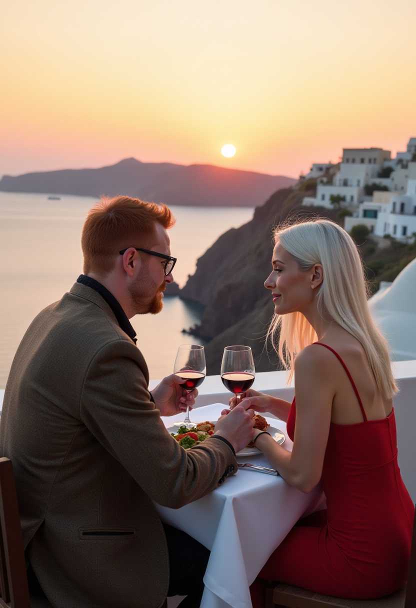 on a rooftop cafe on the island of Santorini, overlooking the bay far below,  with the sunset behind them, a man, red hair, glasses, tweed jacket, and a woman, long straight white hair, thin, fit, triangular face, cleft chin, red dress, sit eating dinner, several wine glasses in front of them