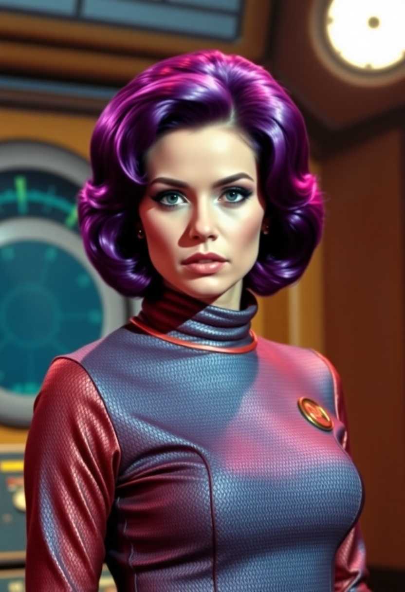 This image appears to be a still from a television show or film, given the stylized and periodspecific costume and the background that resembles a control panel or a set from a science fiction production. The art style is reminiscent of the 1960s and 1970s, with a focus on bold, bright colors and a somewhat exaggerated, stylized form of realism.The medium seems to be a photograph, possibly colorized or digitally altered to enhance the visual effects. The colors are vivid and saturated, with a strong contrast between the purples and blues of the subjects hair and costume, and the warm tones of the background. The lighting is dramatic, with a spotlight effect that casts a glow on the subjects face, emphasizing the contours and giving the image a cinematic quality.The objects in the image are primarily the subjects costume and the background elements. The subject, a very beautiful woman, is wearing a metallic, high-necked top with a textured pattern of a  metal colored coarse wool material. The top has a circular emblem or badge on the left side, which could be a part of a uniform or a costume design element. The subjects hair is a short, layered bob cut with a purple hue, styled in a way that suggests a futuristic or otherworldly aesthetic, coming to a widow's peak. The background is a series of vertical panels, each with a different colored light or button. The colors are red, yellow, and green, and they are arranged in a pattern that could be a control interface or a decorative element. The lighting on these panels is consistent with the spotlight effect on the subject, creating a sense of depth and focus on the central figure. The overall composition of the image is balanced, with the subject taking up a significant portion of the frame and the background providing context and a sense of setting.