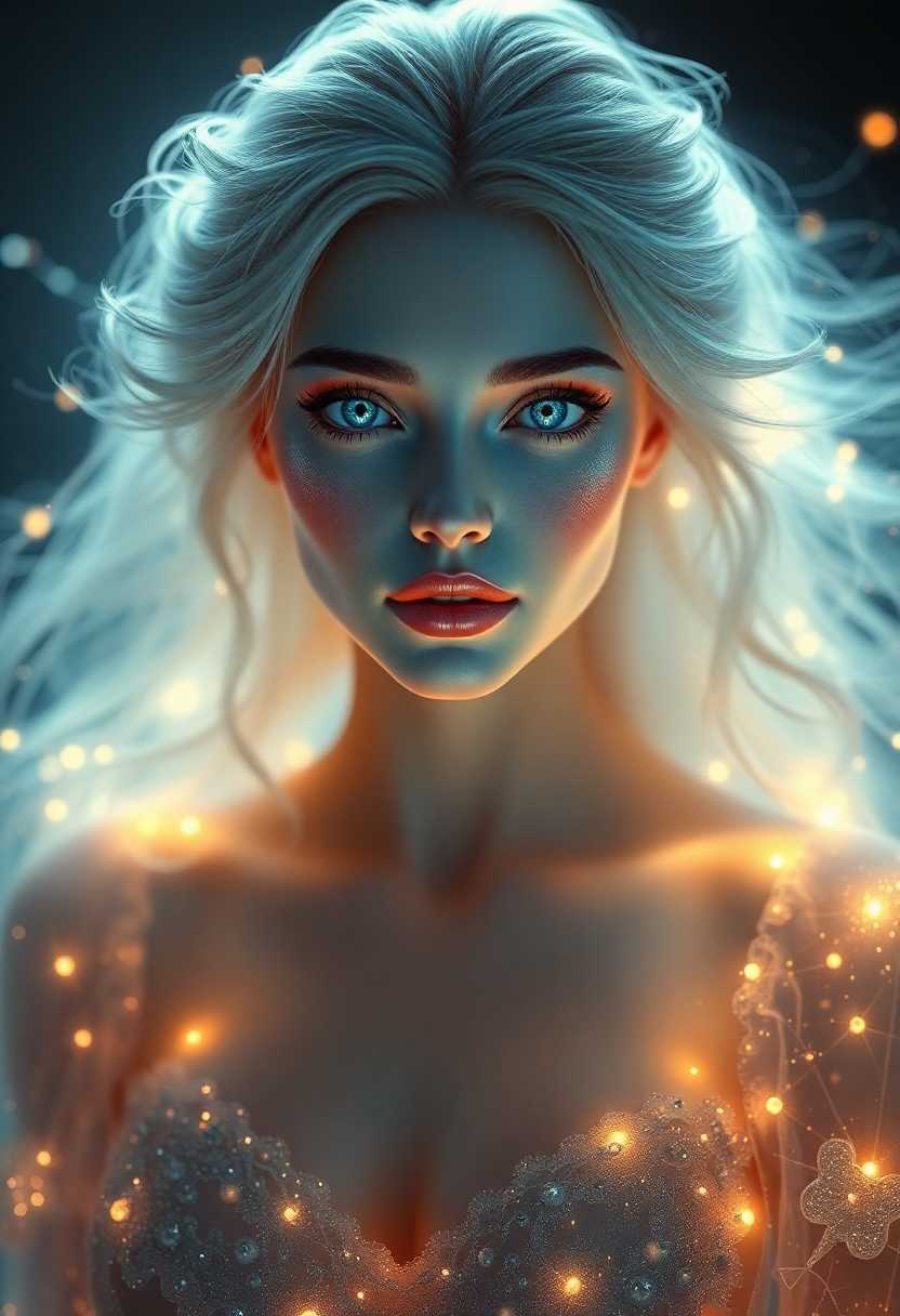 Ethereal fantasy princess, otherworldly beauty, glowing skin, iridescent eyes, floating hair, magical particle effects, volumetric fog, ray-traced global illumination, cinema 4D quality render