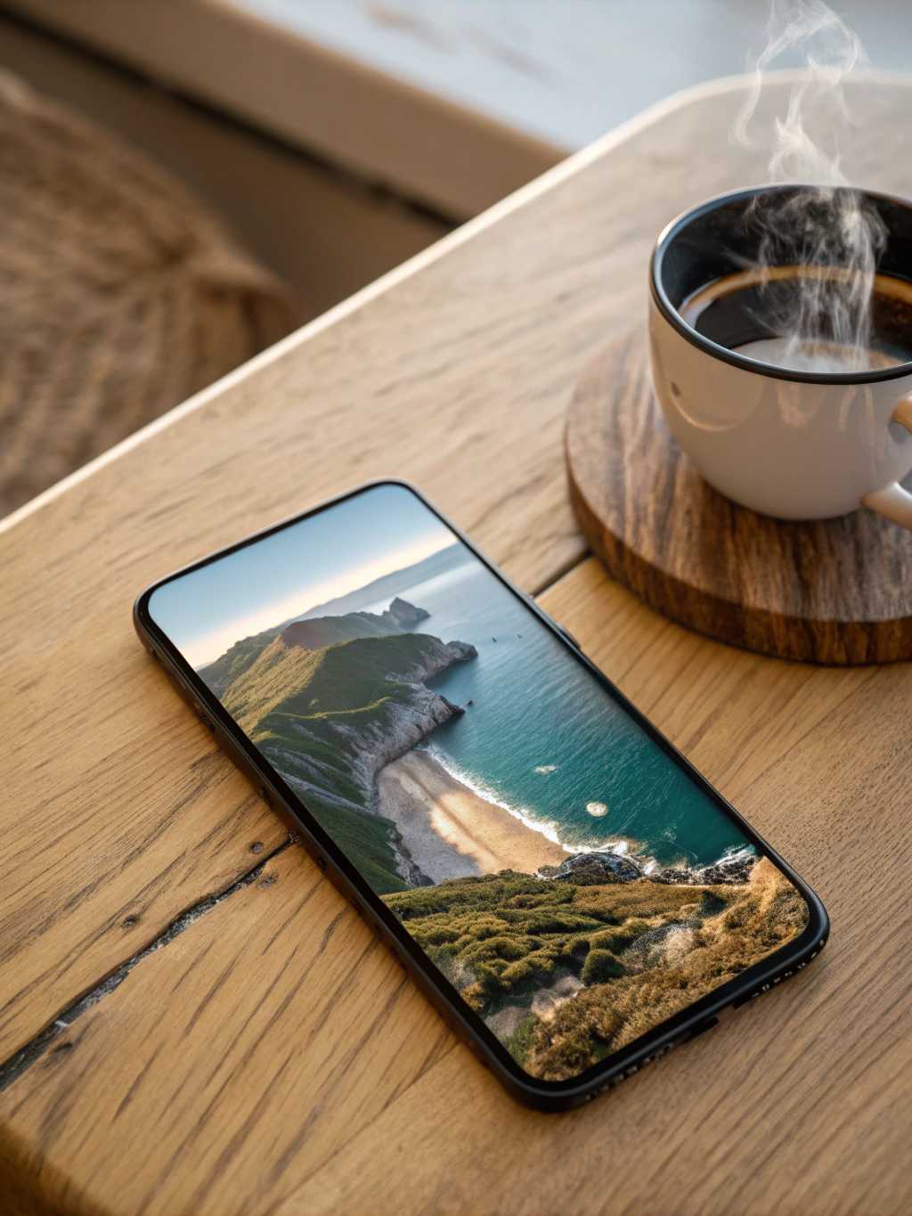 Ultra realistic photo, DSLR cinematic, smartphone with a majestic lifelike coastal image inside the screen, the screen has a wide black borders at top and bottom sides. the phone is placed on a honey-color oak table. beside the phone sit a cup of coffee with emitting smoke. HDR, UHD, 34k, hyper-realistic, RAW photo