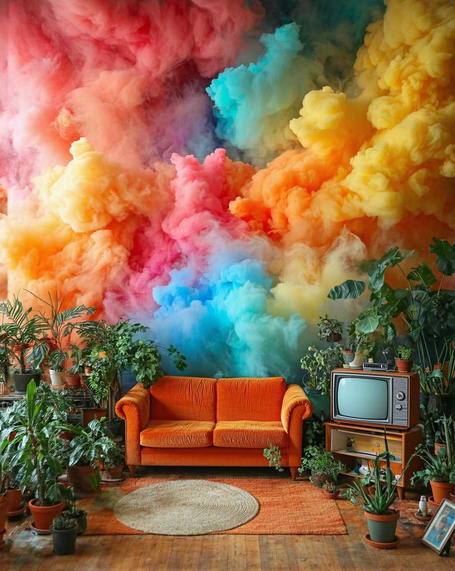In a vibrant fusion of fumes and retro styles, the image presents a striking landscape that merges the essence of a colorful outdoor scene with the cozy charm of a cluttered vintage room. Large clouds swirl overhead in a mesmerizing array of colors—fiery reds, sunny yellows, and deep blues, interspersed with streaks of pink and orange that dance across the sky. Below this captivating display, the ground transforms into a cozy living space filled with an eclectic mix of knick-knacks and vintage furnishings. 

Couches in various styles and colors are scattered throughout, some positioned near a retro television mounted on the wall, while others sit further back, inviting viewers to relax and take in the vibrant atmosphere. Potted plants dot the space, adding life and greenery, while the clutter of memorabilia enhances the lived-in feel of the room. Each element in this whimsical setting invites the imagination to roam, blending the dynamic energy of the colorful clouds above with the nostalgic warmth of a vintage retreat. The combination creates a harmonious balance, where the beauty of nature meets the comfort of home, inviting viewers to immerse themselves in this unique and lively tableau.