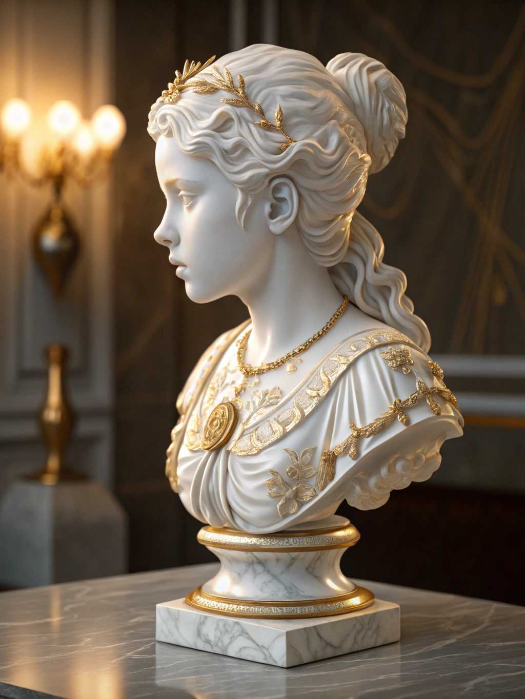 White and gold marble girl bust perfect lighting, ultra detailed, fantasy, extremely detailed and luxurious, ultra realistic, enhanced quality, design, carved from marble, shimmering, Renaissance ivory porcelain, symmetry, character portrait, dramatic, voluminous, soft beige light, warm, cinematic lighting,