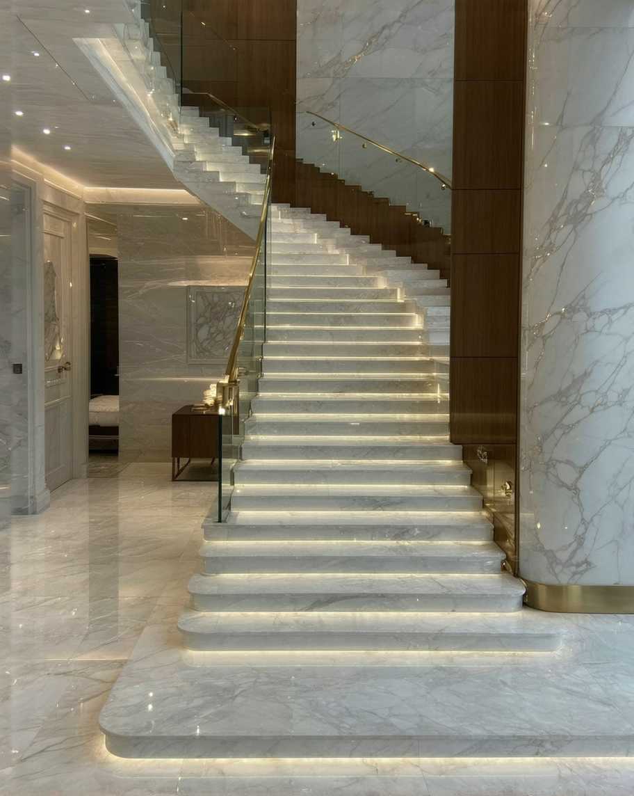 Design an interior scene of a modern staircase that combines elegance and luxury, with meticulous attention to detail to create a realistic and captivating atmosphere. The staircase features polished white marble with subtle gray veining that adds a natural and seamless look. The edges are precisely finished to provide a sleek and refined appearance.The staircase is surrounded by a transparent glass railing made of high-quality trompé glass, known for its visual appeal and lightweight aesthetic. The glass is secured using Pince à verre metal clamps, arranged at a rate of two clamps per step, with a spacing of approximately 50 to 60 centimeters between them. The dimensions of the clamps are standard, with a width of around 4 to 5 centimeters, a height of 6 to 7 centimeters, and a slight protrusion of no more than 2 to 3 centimeters. The glass is mounted without the need for direct drilling, with adjustable height options to achieve the perfect balance between safety and design.The back walls are adorned with wooden panels featuring intricate Islamic motifs crafted from warm, matte brown wood, adding a traditional touch that harmonizes with the modern character of the staircase. On the right side, vertical wooden columns are neatly aligned to add architectural depth and warmth. The space is bathed in natural light streaming through a large floor-to-ceiling glass window, highlighting the design details and bringing brightness to the area.The flooring is covered with large marble tiles that blend seamlessly with the staircase, featuring a smooth surface that reflects light beautifully. Night lighting is provided by hidden LED fixtures integrated beneath each step, creating a soft and elegant glow that enhances the overall design. The color palette consists of crisp white, warm beige tones, and natural wood, complemented by metallic accents made of stainless steel, achieving a perfect balance between traditional and contemporary elements.