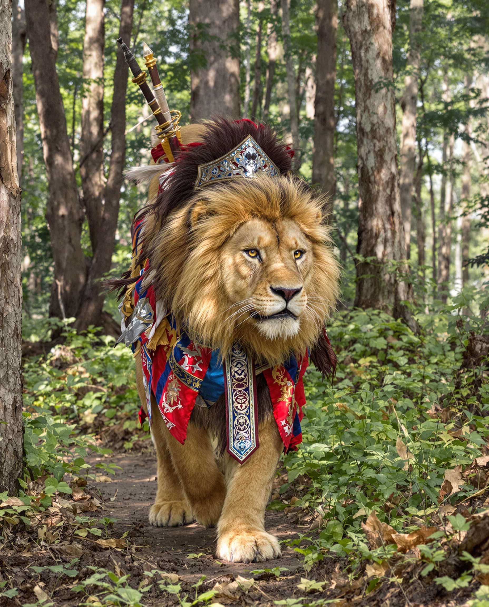 Majestic Lion in Forest DressUp, Wearing Crown and Sword