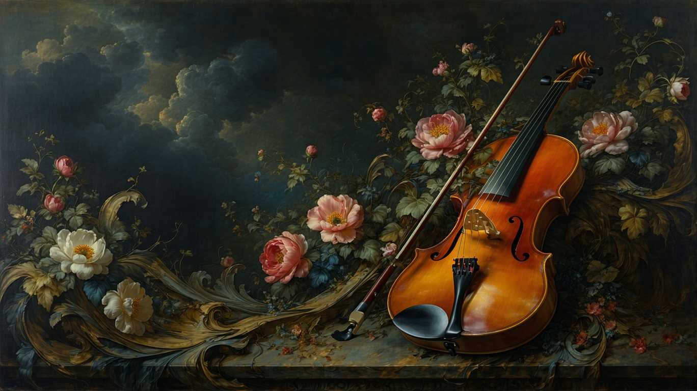 surrealist painting of a violin with flowers. An oil painting in the style of a Baroque painting, incorporating chiaroscuro to emphasize dramatic lighting and deep contrasts between light and shadow. A dark cloudy background. Surrounded by rich textures and intricate details reminiscent of the old masters. Add elements of surrealism by introducing subtle dreamlike features, such as unusual distortions or unexpected objects blending with the scene. Integrate Art Nouveau elements in the form of flowing lines, organic shapes that complement the overall composition. The colors should be deep and warm, evoking a sense of elegance and timeless beauty. The scene should feel both realistic and slightly otherworldly, capturing the elegance of classical art while introducing a modern digital twist.