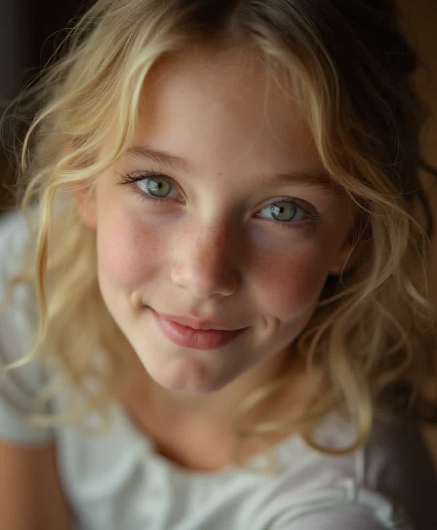 Top quality, masterpiece, photo of Breathtaking, Award winning professional photography ,8k,extremely intricate,natural lighting, high resolution, RAW fashion photography, detailed skin. 18 year old girl, innocent face, wavy blonde hair, green eyes. Standing over the camera. (8k resolution)