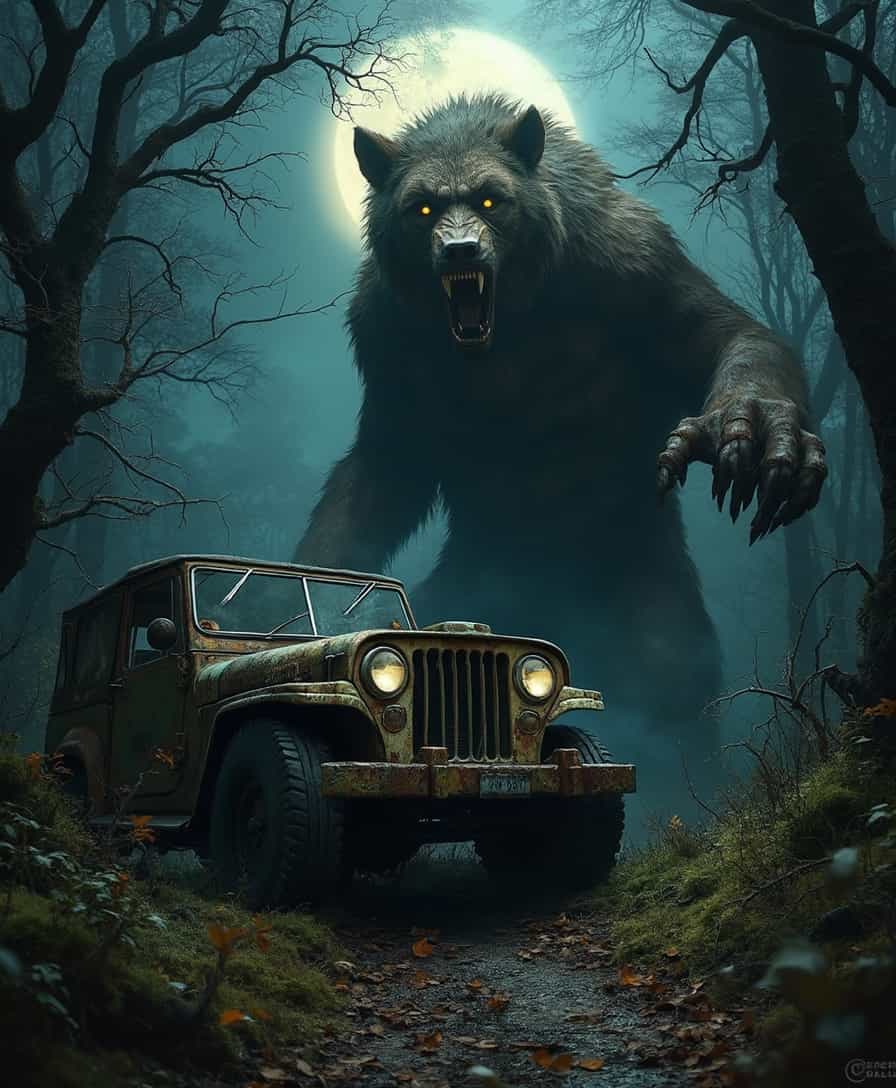 In a dark, eerie forest, a towering werewolf looms menacingly amidst gnarled trees and thick underbrush. Its fur is matted and bristling, reflecting a mix of deep browns and blacks, with glimmers of moonlight catching its sharp, glistening fangs. The creature’s glowing yellow eyes pierce through the shadows, fixated on an unseen prey. Surrounding the werewolf are twisted branches and a carpet of fallen leaves, dampened by a recent rain, adding a sense of unease to the atmosphere. In the foreground, an old, rusted Jeep, partially covered in moss and dirt, sits abandoned on a narrow, overgrown path, its headlights dim and flickering. The vehicle shows signs of age, with peeling paint and broken windows, suggesting it has been long forgotten. The composition features a low-angle perspective, emphasizing the werewolf's towering presence against a backdrop of dark, looming trees. The lighting is dramatic, with a full moon casting a silvery glow that contrasts with the deep shadows, creating a sense of mystery and tension. Keywords: dark fantasy, horror, dramatic lighting, low-angle perspective, eerie atmosphere, detailed textures, ominous composition, moonlit forest, abandoned vehicle.