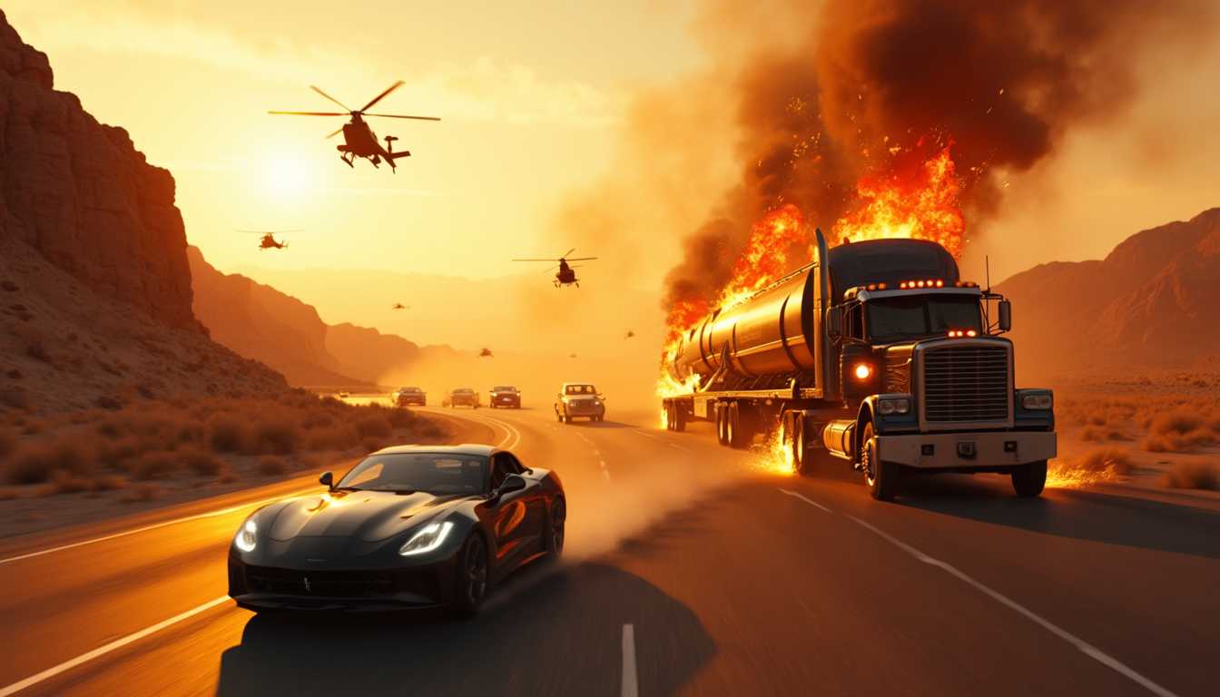 A convoy of sports cars races down an abandoned desert highway at sunset, dodging flaming debris from a hijacked fuel tanker. The tanker, now rigged with explosives, careens out of control as its tires explode one by one. Helicopters hover overhead, firing shots while a sleek black car swerves dangerously close to the burning vehicle to rescue hostages trapped in its cab. The explosion lights up the canyon walls as the tanker goes up in flames. Dust and smoke engulf the scene, leaving only silhouettes of the escaping vehicles.