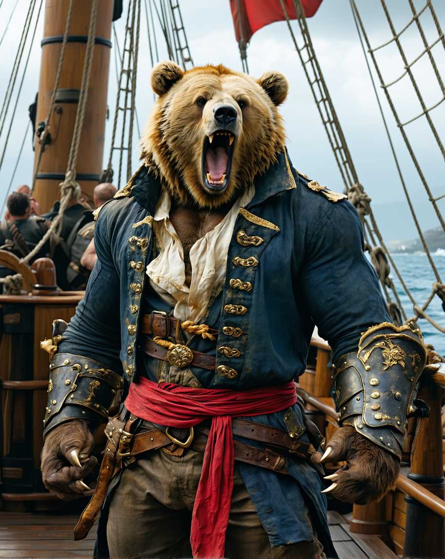 A fearsome anthropomorphic bear with a muscular physique stands aboard a pirate ship, roaring fiercely. He wears a rugged pirate outfit featuring a weathered navy-blue coat with gold trim, a red sash tied around his waist, and leather bracers adorned with intricate details. His fur is golden and wild, his mane flowing dramatically, and his sharp claws are exposed, emphasizing his ferocity. The setting is a wooden ship deck, with towering masts and sails in the background, creating an intense and adventurous atmosphere. The lighting highlights his muscular frame and the textures of his clothing, enhancing the dramatic tone of the scene.