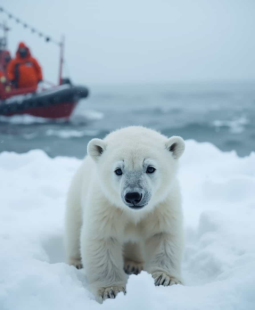 An icy ocean, extremely snowing and high wind, all the things are covered with snow, snow storm, a baby polar bear who is cute and fluffy standing in the ice lost, the snow is high and rough making it difficult to survive in the moment, behind it there is a small ship in which people wearing orange suits and masks and caps watching the baby white polar bear in need, show the innocent baby bear in close up and the the small ship behind the baby polar bear blurry, realistic water in the ocean, realistic real view