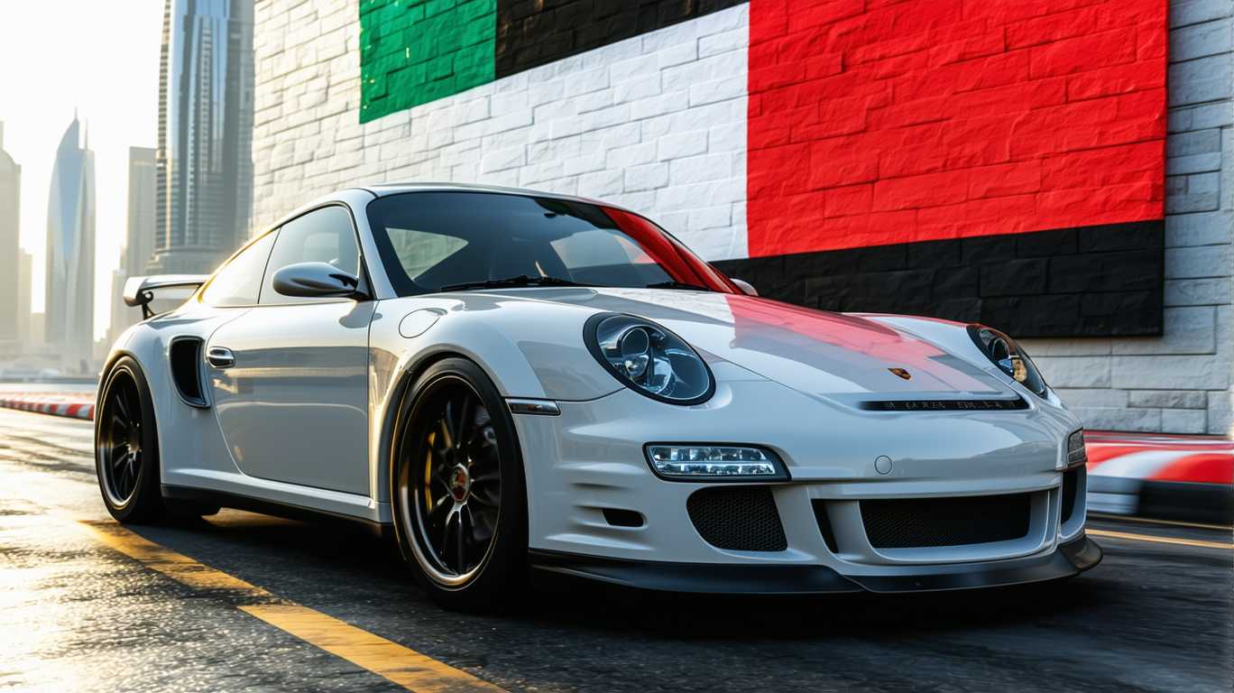 Porsche car with uae backgroung Dubai uae flag dramatic 