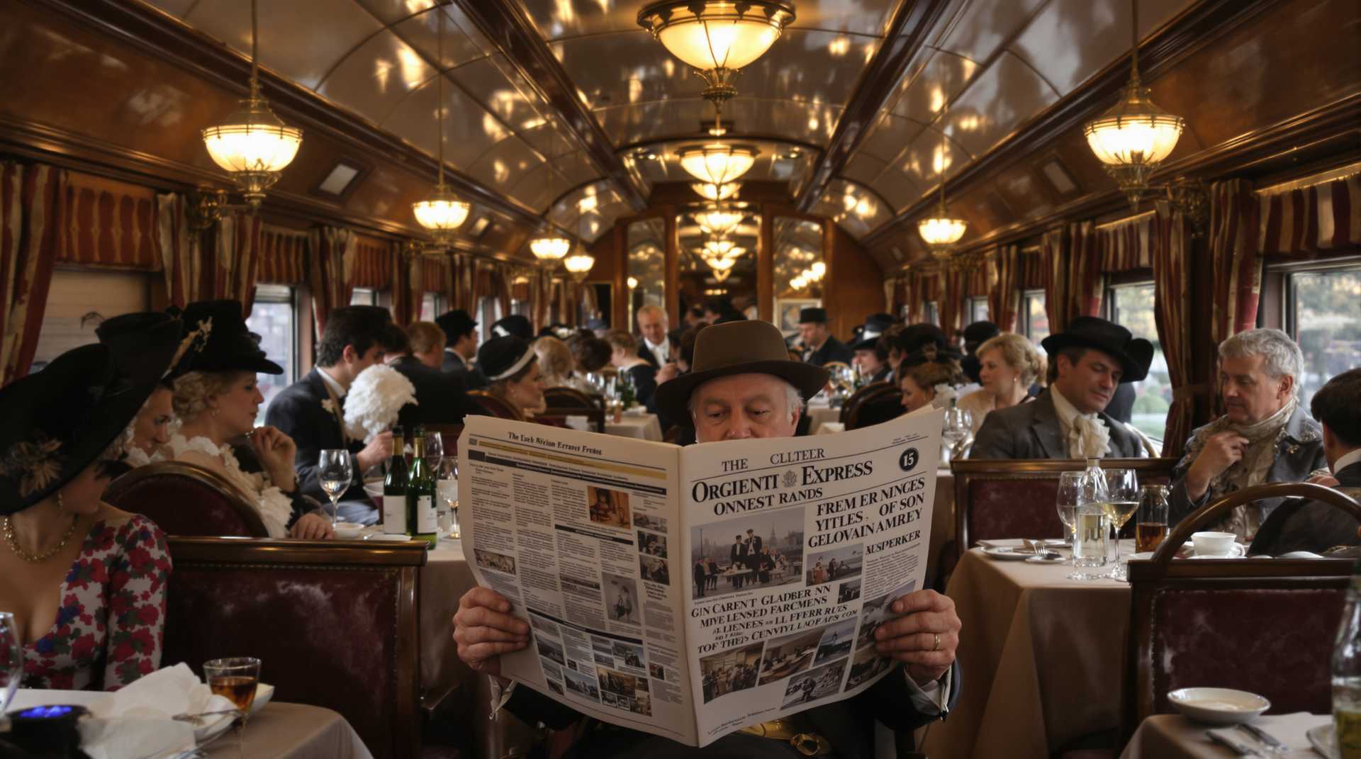 cinematic photo inside the Orient Express from 18th century. old man reading newspaper surrounded by historical dressed people. 