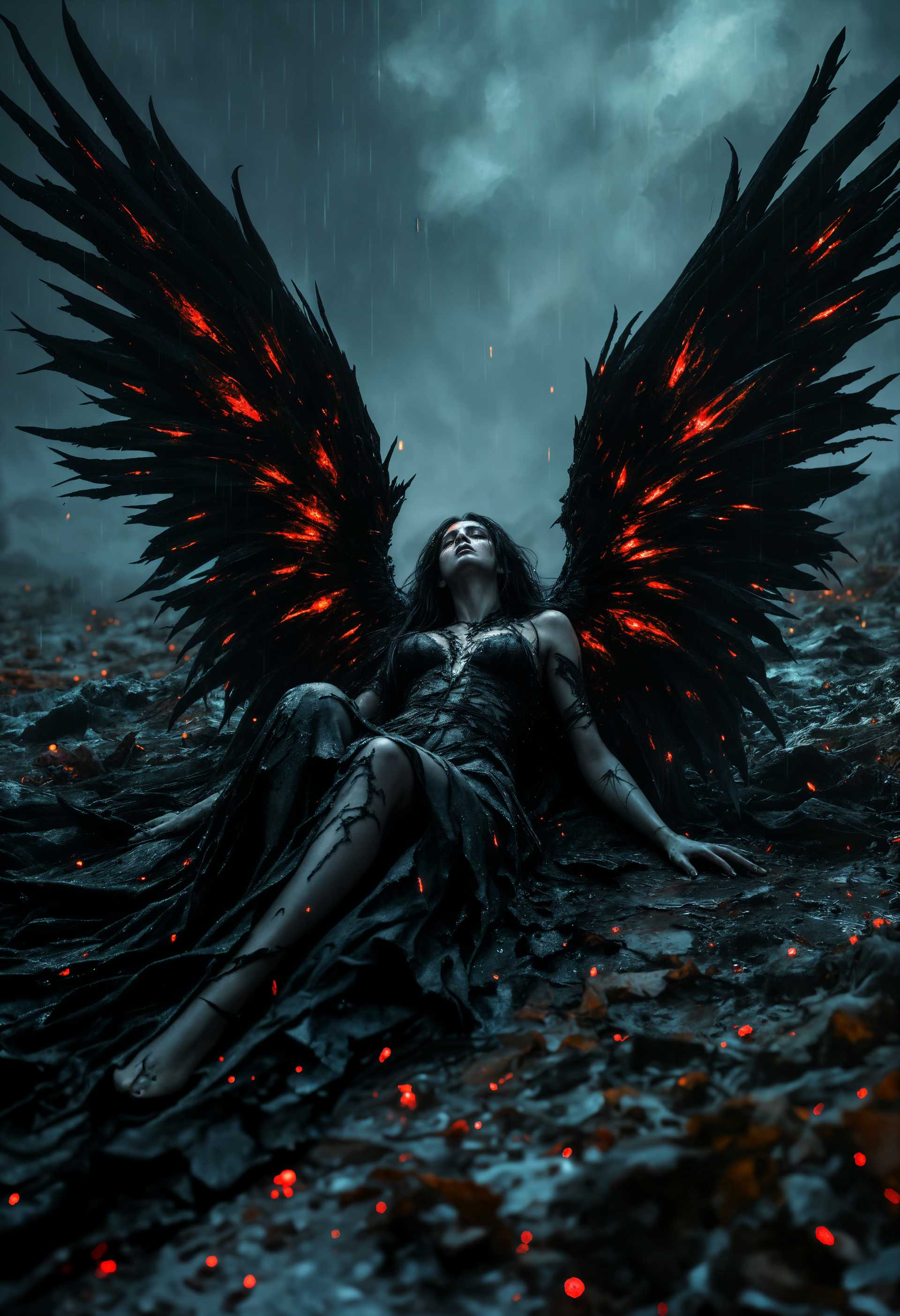 AI-generated image: masterpiece, best quality, highres, sharp image, more detail, A sorrowful dark angel lies on the des