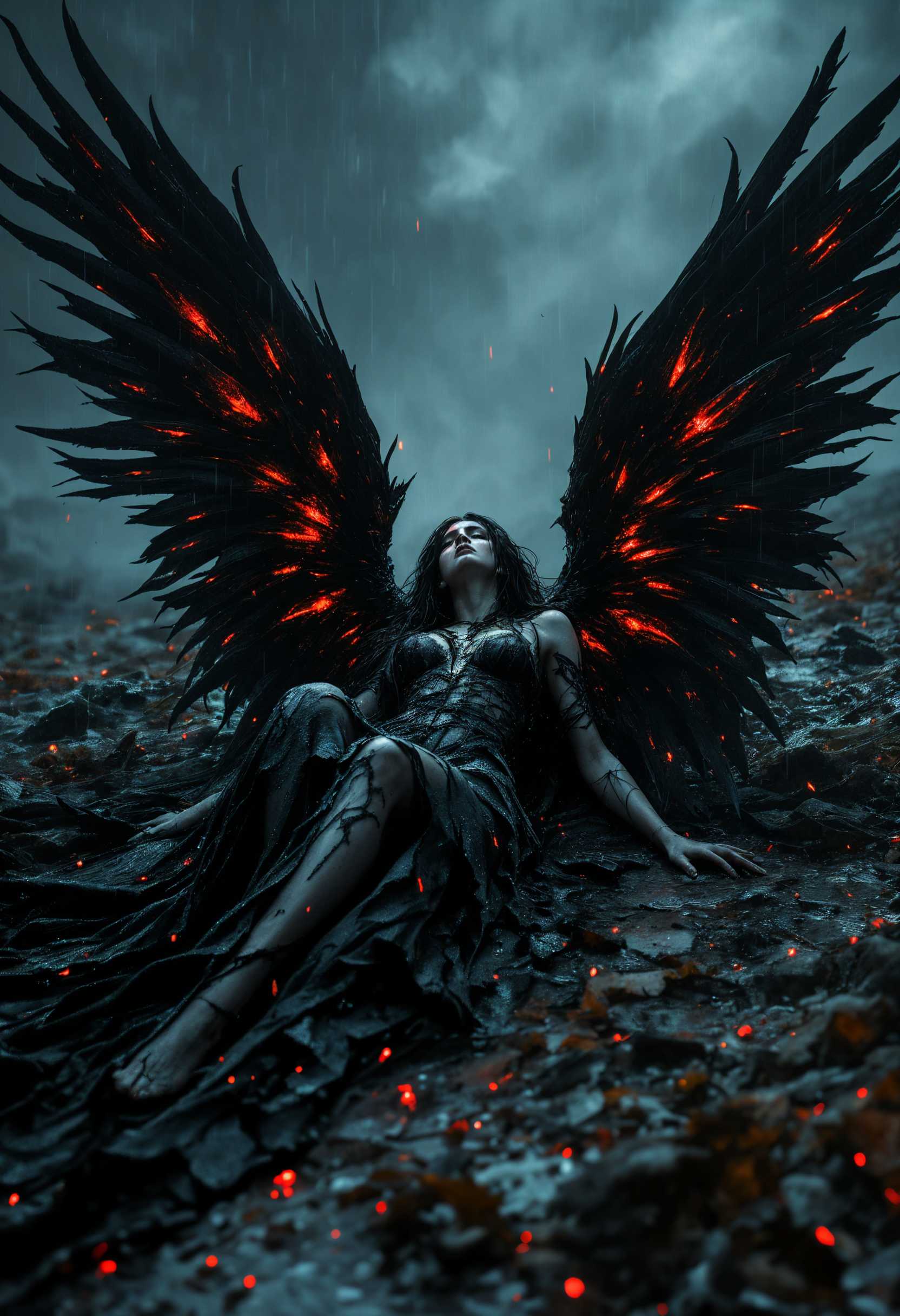 masterpiece, best quality, highres, sharp image, more detail, A sorrowful dark angel lies on the desolate ground, her once majestic wings now broken and tattered, feebly draped in remnants of a black, shredded gown that blends into the shadowy landscape. The intricate details of her wings are highlighted by the glinting red crystals embedded within, sharp and menacing, binding her and glistening ominously against the darkness. Her flowing hair cascades around her, framing a face that expresses deep sorrow and despair. The lighting is dim and ethereal, with moody contrasts of deep blacks and vivid scarlet, creating an atmosphere heavy with melancholy. The scene is captured from a low angle, emphasizing her fragile state and the bleak, rain-soaked terrain surrounding her. Rainswept droplets fall around, adding a sense of movement and emotion to the air, while dark storm clouds loom above, enhancing the overall feeling of despair and isolation.