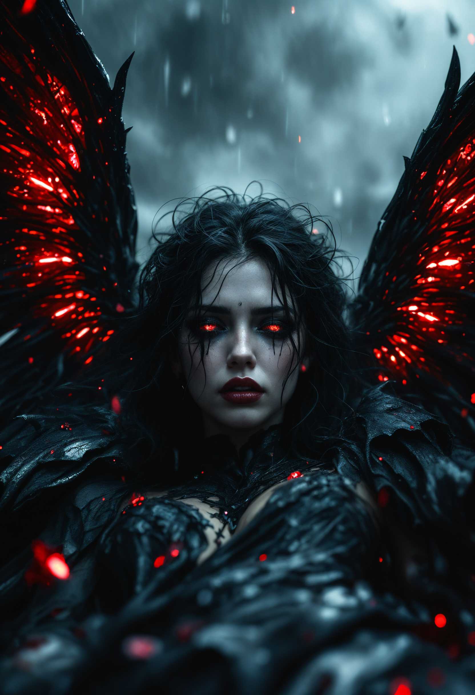 masterpiece, best quality, highres, sharp image, more detail, A sorrowful dark angel lies on the desolate ground, her once majestic wings now broken and tattered, feebly draped in remnants of a black, shredded gown that blends into the shadowy landscape. The intricate details of her wings are highlighted by the glinting red crystals embedded within, sharp and menacing, binding her and glistening ominously against the darkness. Her flowing hair cascades around her, framing a face that expresses deep sorrow and despair. The lighting is dim and ethereal, with moody contrasts of deep blacks and vivid scarlet, creating an atmosphere heavy with melancholy. The scene is captured from a low angle, emphasizing her fragile state and the bleak, rain-soaked terrain surrounding her. Rainswept droplets fall around, adding a sense of movement and emotion to the air, while dark storm clouds loom above, enhancing the overall feeling of despair and isolation.