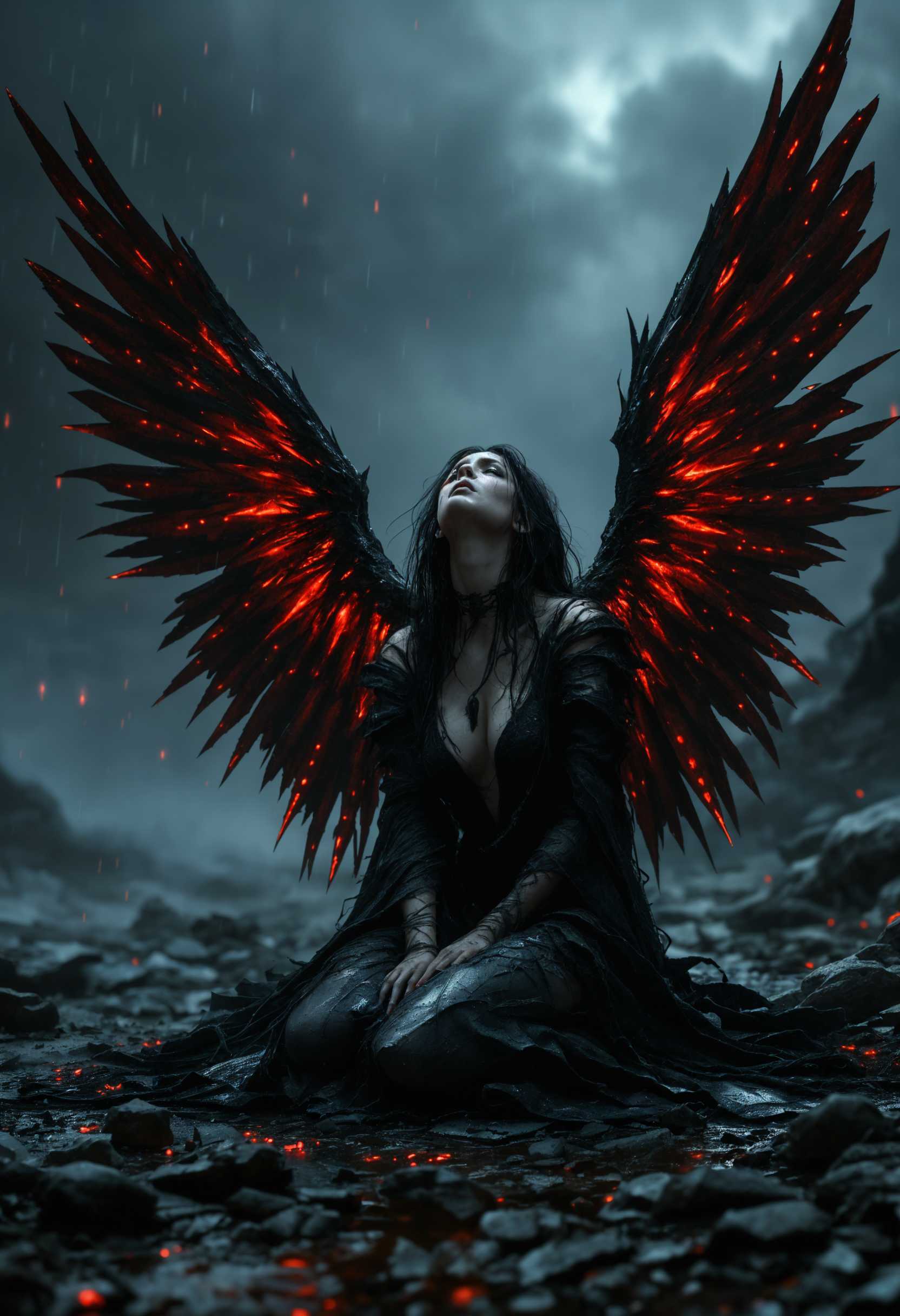 masterpiece, best quality, highres, sharp image, more detail <lora:more_details:0.5> <lora:SDXLrender_v2.0:1>, masterpiece, best quality, highres, sharp image, more detail, A sorrowful dark angel lies on the desolate ground, her once majestic wings now broken and tattered, feebly draped in remnants of a black, shredded gown that blends into the shadowy landscape. The intricate details of her wings are highlighted by the glinting red crystals embedded within, sharp and menacing, binding her and glistening ominously against the darkness. Her flowing hair cascades around her, framing a face that expresses deep sorrow and despair. The lighting is dim and ethereal, with moody contrasts of deep blacks and vivid scarlet, creating an atmosphere heavy with melancholy. The scene is captured from a low angle, emphasizing her fragile state and the bleak, rain-soaked terrain surrounding her. Rainswept droplets fall around, adding a sense of movement and emotion to the air, while dark storm clouds loom above, enhancing the overall feeling of despair and isolation.
