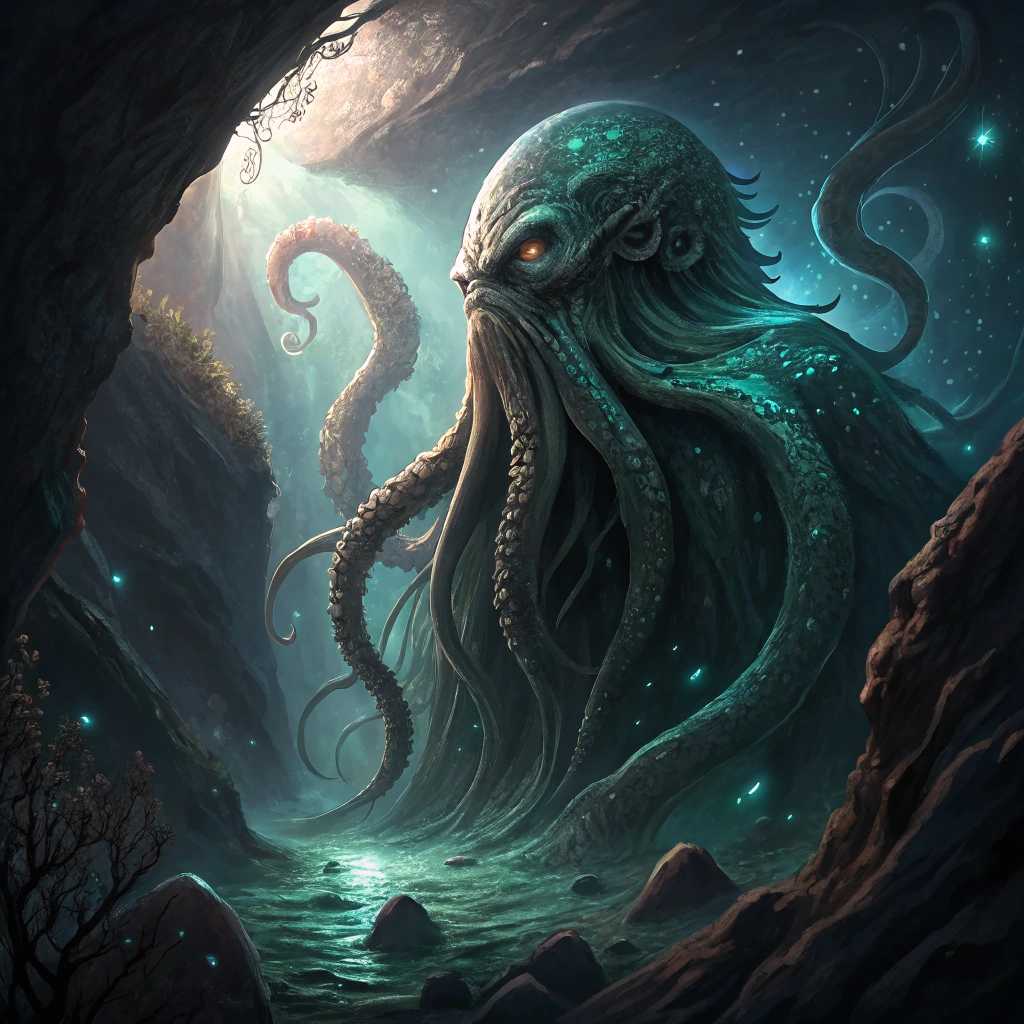 "Create a detailed and captivating image of Khathulu, a cosmic entity reminiscent of Lovecraftian mythos. Visualize Khathulu as a colossal, slumbering creature with an octopus-like head, featuring long, flowing tentacles that intertwine gracefully. Its skin should have a textured, iridescent quality, shifting between deep greens and blues, glimmering subtly as if reflecting the light of distant stars. 

Set the scene in a dark, atmospheric underwater grotto illuminated by ethereal, bioluminescent flora, casting intricate shadows around Khathulu. The composition should emphasize its immense size, looming in the foreground while the cavern recedes into the background, drawing the viewer's eye through the depths. 

The camera angle should be slightly below eye level, looking up at Khathulu to enhance its imposing presence. The mood is eerie yet awe-inspiring, evoking a sense of ancient power and mystery. The ambient light is dim, with an otherworldly glow creating a surreal atmosphere, as if time stands still in this underwater realm. Employ a detailed, hyper-realistic style akin to classic dark fantasy art, capturing every intricate detail of the creature and its surroundings."