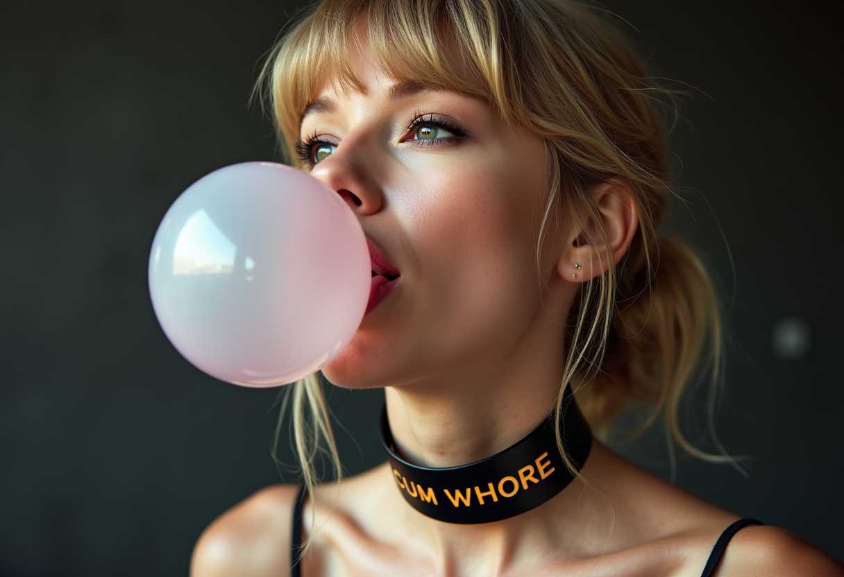 a photo of Taylor Swift, A high-quality photograph depicting a strikingly slender woman playfully blowing bubblegum, a huge bubble. She exudes a confident and bold attitude, accentuated by a thick black leather choker prominently featuring the words "CUM WHORE." her lips are glossy and inviting as she teases her tongue out in a playful manner. 