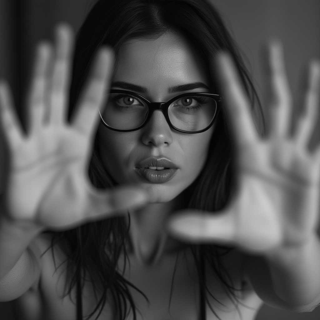 Woman. Dynamic seductive pose. Middle aged. Slender body. Glasses. Exotic. Long dark hair. Bare Chest. Deep neckline. 
Bokeh. Shallow depth of field. Cinematic photography. Sharp Image quality. High resolution. High definition.
Close up, black and white photograph featuring a person with their face framed by the blurred of her own hands. The hands framing the face are positioned in such a way that they create a sense of enclosure or intimacy around the subjects face. the hand position are away from her face, adding a dynamic element to the composition.