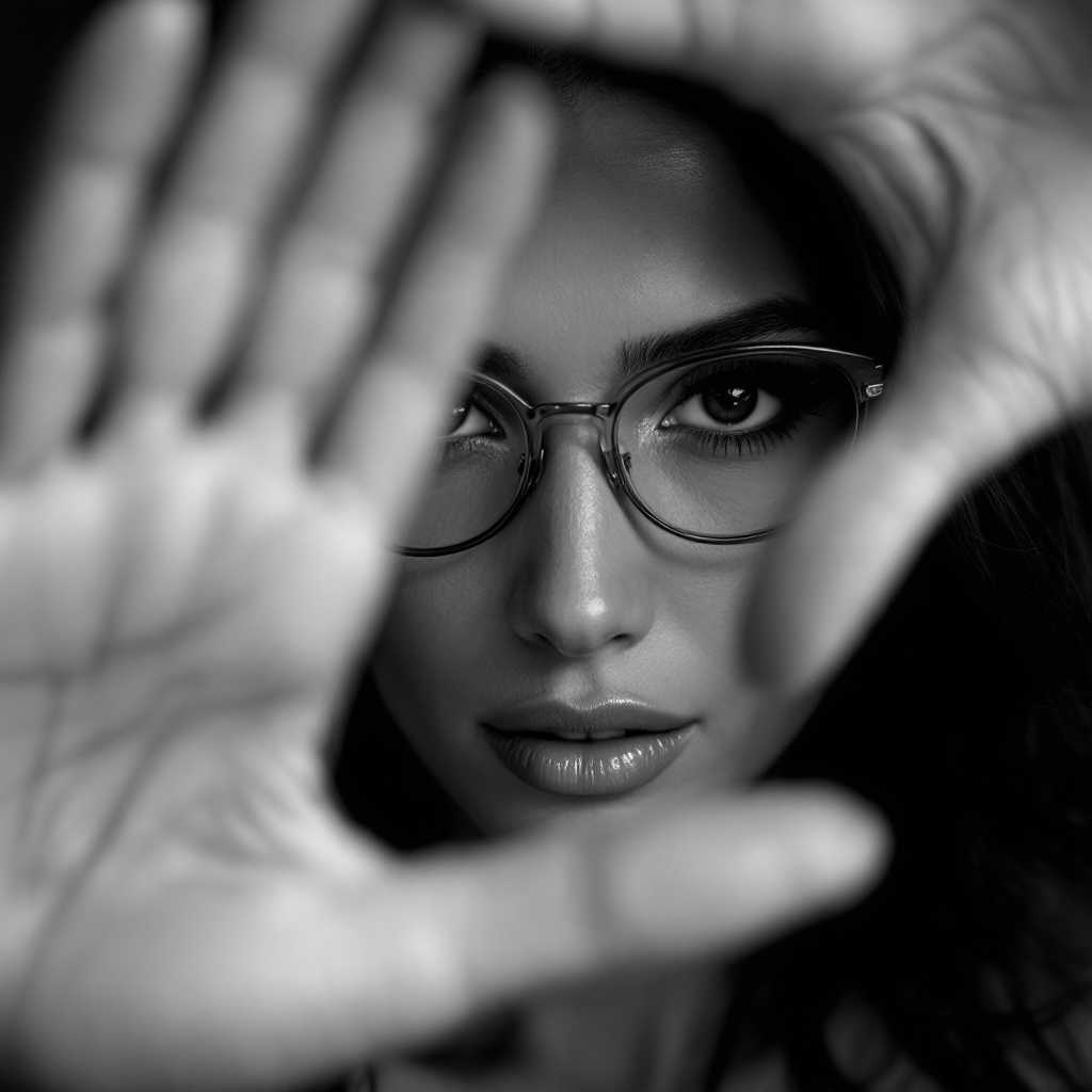 Woman. Dynamic seductive pose. Middle aged. Slender body. Glasses. Exotic. Long dark hair. Bare Chest. Deep neckline. 
Bokeh. Shallow depth of field. Cinematic photography. Sharp Image quality. High resolution. High definition.
Close up, black and white photograph featuring a person with their face framed by the blurred of her own hands. The hands framing the face are positioned in such a way that they create a sense of enclosure or intimacy around the subjects face. the hand position are away from her face, adding a dynamic element to the composition.