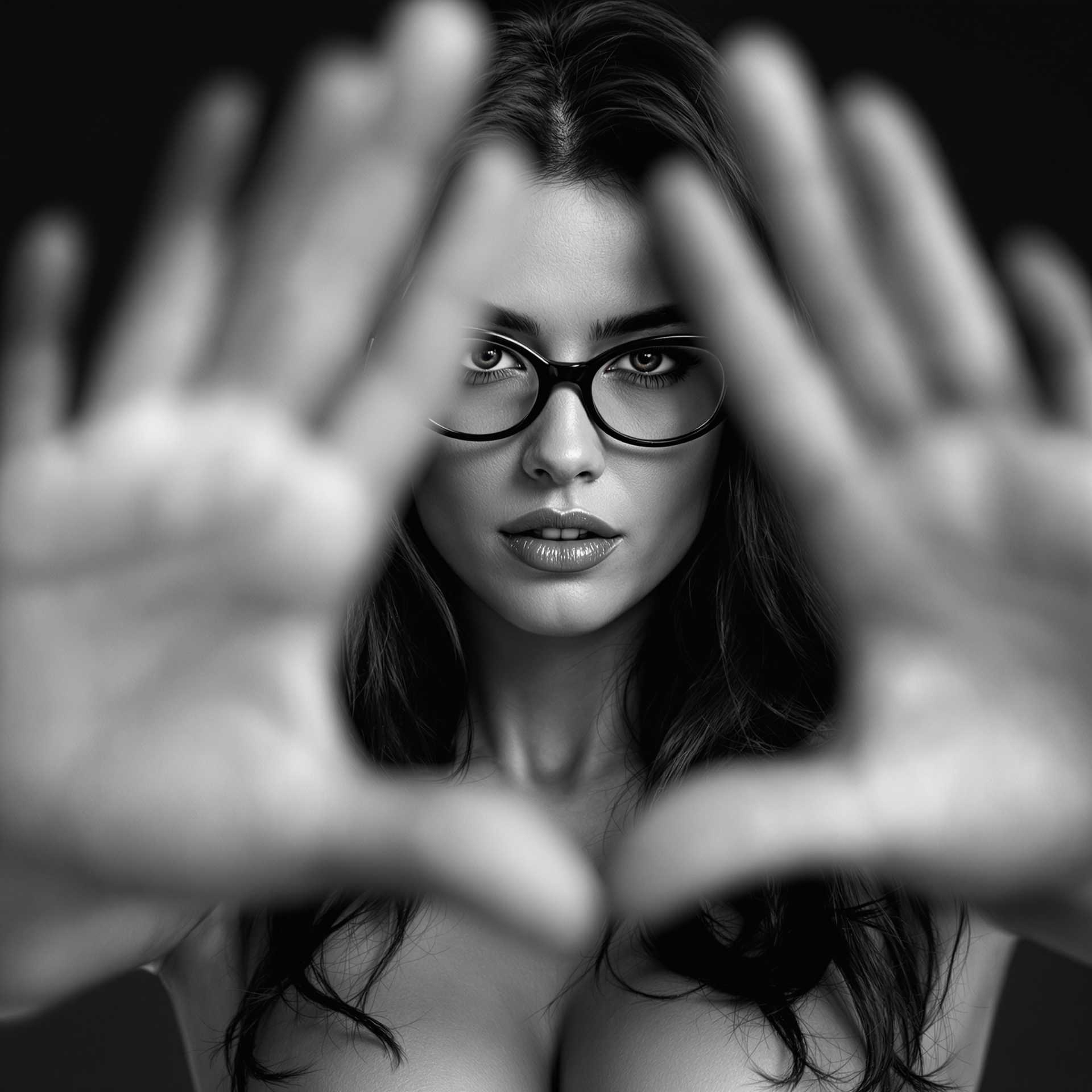 Woman. Dynamic seductive pose. Middle aged. Slender body. Glasses. Exotic. Long dark hair. Bare Chest. Deep neckline. 
Bokeh. Shallow depth of field. Cinematic photography. Sharp Image quality. High resolution. High definition.
Close up, black and white photograph featuring a person with their face framed by the blurred of her own hands. The hands framing the face are positioned in such a way that they create a sense of enclosure or intimacy around the subjects face. the hand position are away from her face, adding a dynamic element to the composition.