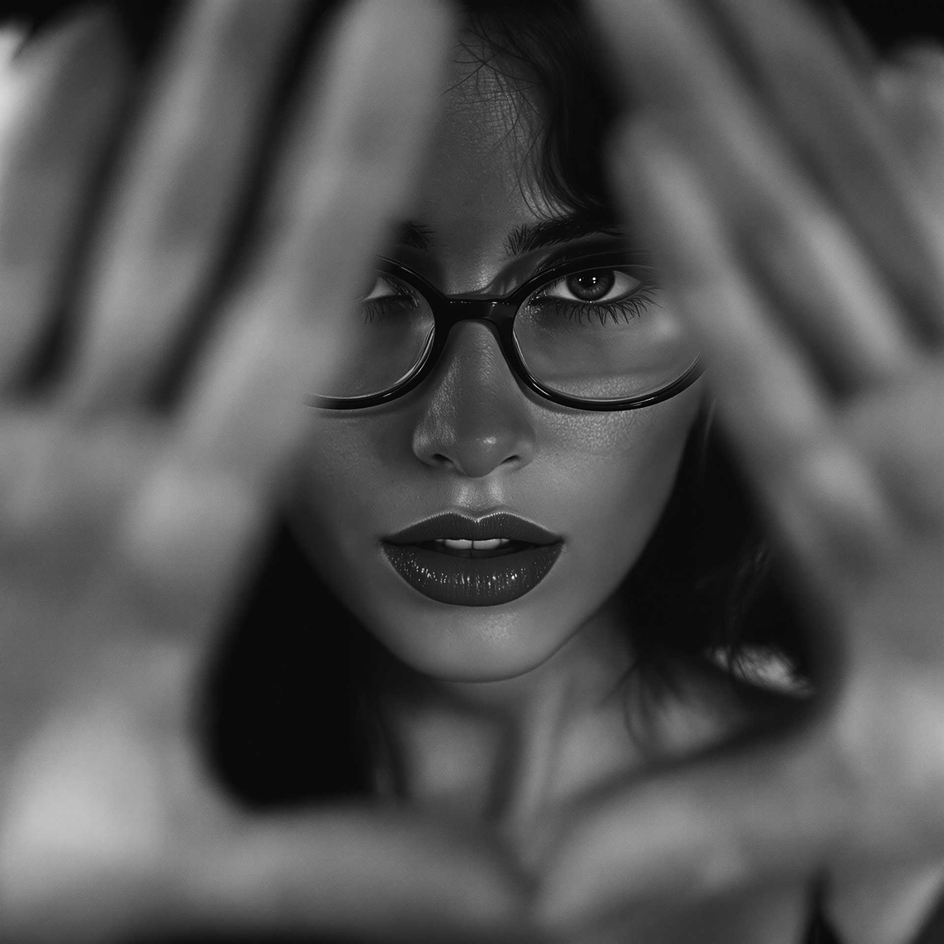 Woman. Dynamic seductive pose. Middle aged. Slender body. Glasses. Exotic. Long dark hair. Bare Chest. Deep neckline. 
Bokeh. Shallow depth of field. Cinematic photography. Sharp Image quality. High resolution. High definition.
Close up, black and white photograph featuring a person with their face framed by the blurred of her own hands. The hands framing the face are positioned in such a way that they create a sense of enclosure or intimacy around the subjects face. the hand position are away from her face, adding a dynamic element to the composition.