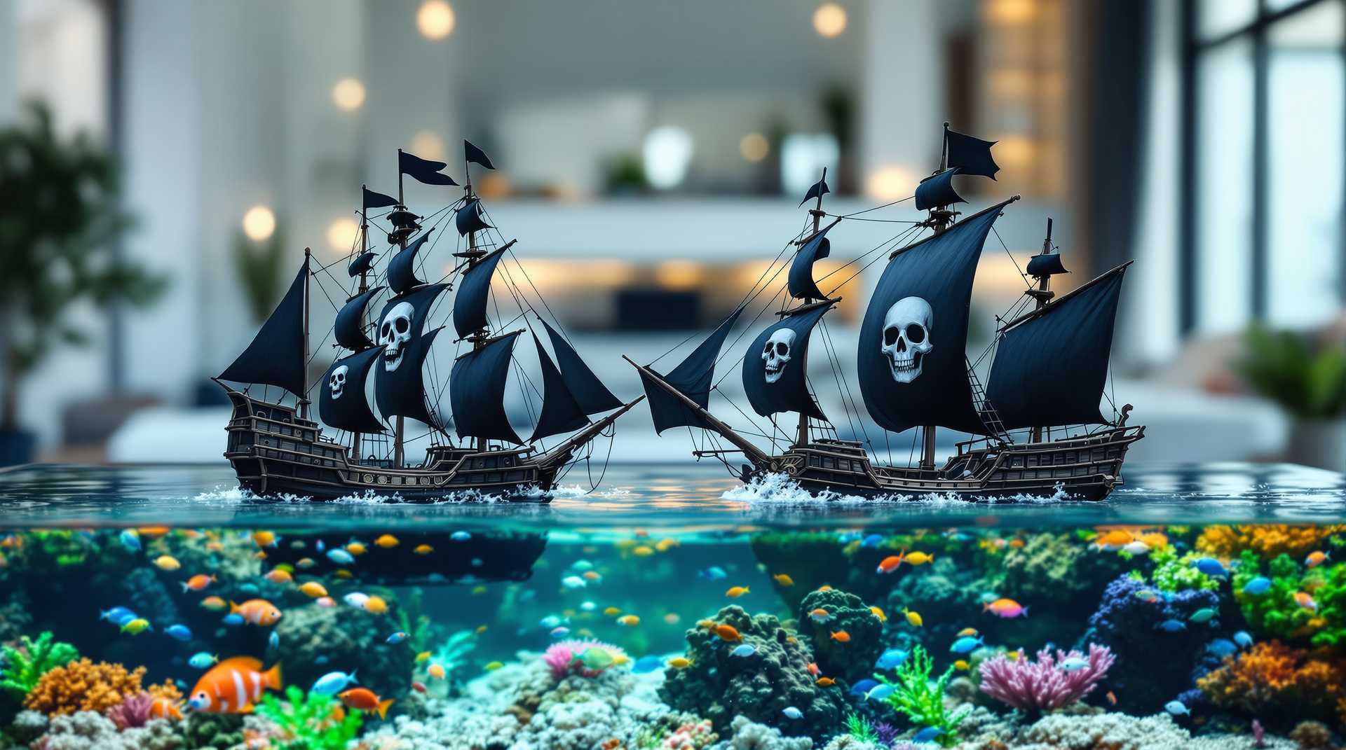 battle between two private ships on water surface of home aquarium. Two historical private ships with black skull flag battles inside a home aquarium in a living room. The aquarium contains colorful small fishes and corals. Background shows a modern living room in blurred style, bokeh.