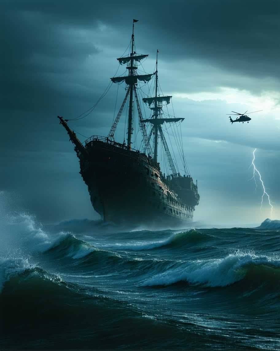 A towering, decayed pirate ship rises from the depths of the sea. The ancient hull, encrusted with barnacles and marine plants, seems to glow eerily in the dim light of dusk. A powerful helicopter, its blades thundering in the turbulent air, pulls the ship upward with thick steel cables. The ocean churns below as waves crash against the underside of the wreck, cascading back into the water. Dark clouds dominate the sky, and flashes of lightning in the distance illuminate the scene with a haunting glow.