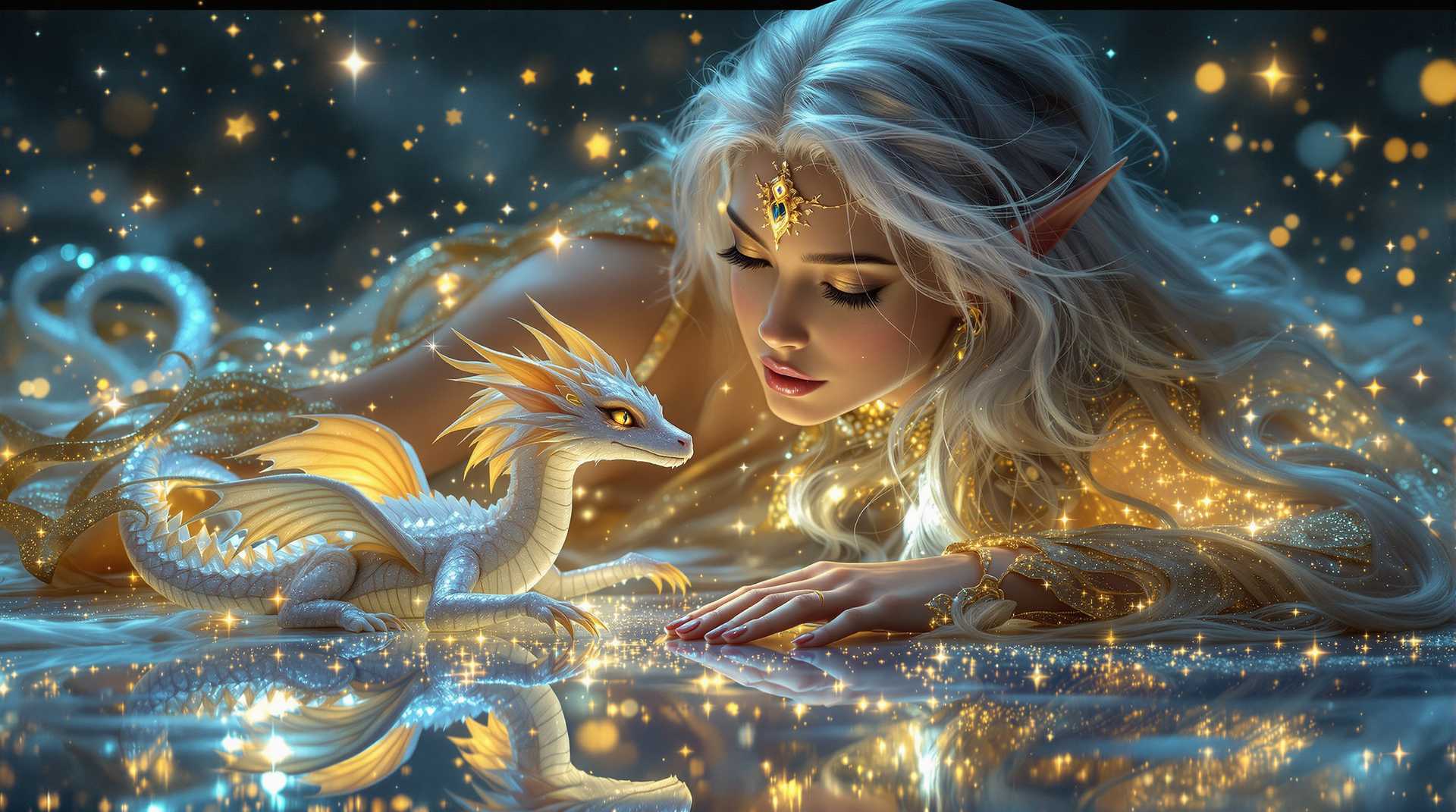 Ultra-detailed 16K rendering of a mystical, otherworldly scene featuring an ethereal elf with long, flowing silver hair. The elf lies down, her gaze intently focused on a small dragon. The dragon’s shimmering scales sparkle with magical light and her wings are slightly spread, glowing as if infused with stardust. The elf’s delicate features are accentuated by luminous, golden markings and jewels that complement her radiant outfit, which floats around her in swirls of golden fabric. The scene is illuminated by a myriad of twinkling stars and floating particles of golden light, casting a dreamlike glow over the entire composition. The surface below them reflects the enchanting duo, creating a mirrored, almost surreal effect. The overall atmosphere is filled with magic and wonder, capturing a moment of deep connection between the elf and the dragon, in a celestial, fantastical realm.