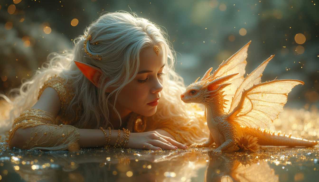 Ultra-detailed 16K rendering of a mystical, otherworldly scene featuring an ethereal elf with long, flowing silver hair. The elf lies down, her gaze intently focused on a small dragon. The dragon’s shimmering scales sparkle with magical light and her wings are slightly spread, glowing as if infused with stardust. The elf’s delicate features are accentuated by luminous, golden markings and jewels that complement her radiant outfit, which floats around her in swirls of golden fabric. The scene is illuminated by a myriad of twinkling stars and floating particles of golden light, casting a dreamlike glow over the entire composition. The surface below them reflects the enchanting duo, creating a mirrored, almost surreal effect. The overall atmosphere is filled with magic and wonder, capturing a moment of deep connection between the elf and the dragon, in a celestial, fantastical realm.